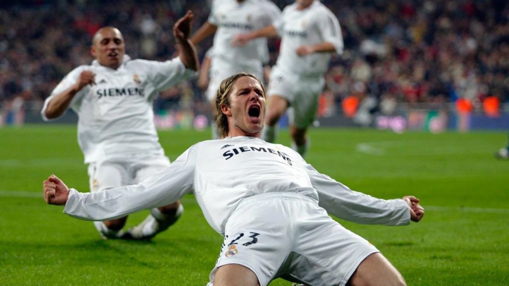 David Beckham, celebrando un gol durante su etapa como jugador del Real Madrid.