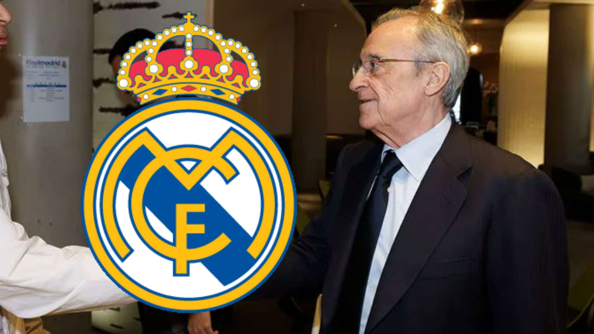 Florentino y un escudo del Real Madrid