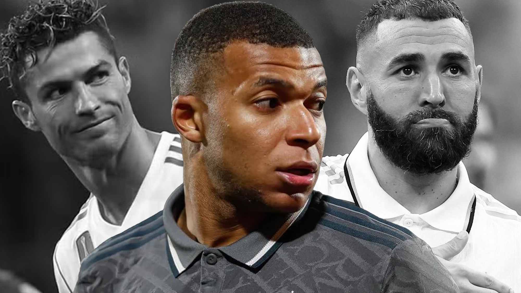 Mbappé con Benzema y Cristiano en blanco y negro