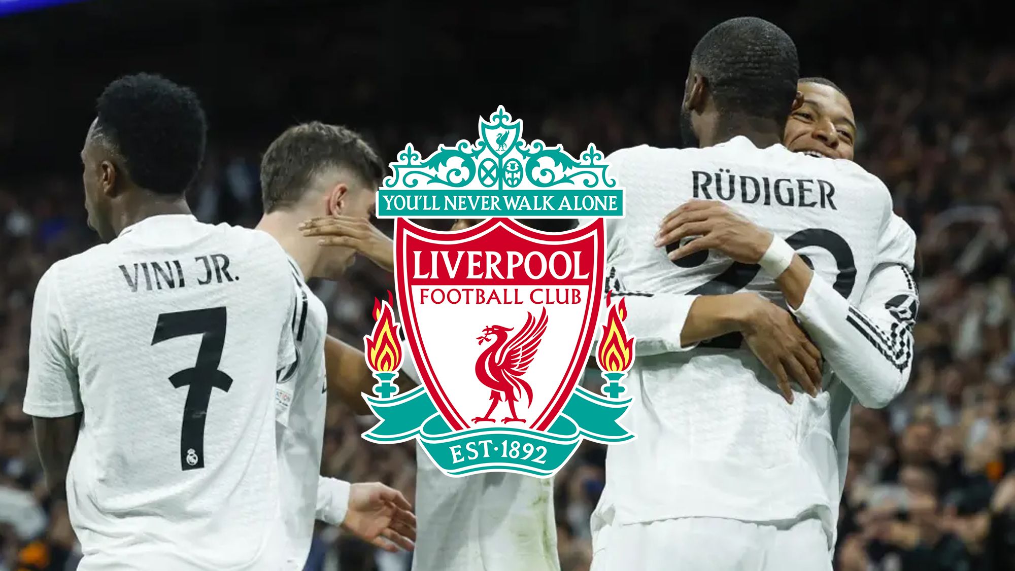 Escudo del Liverpool y jugadores del Real Madrid celebrando un gol. 