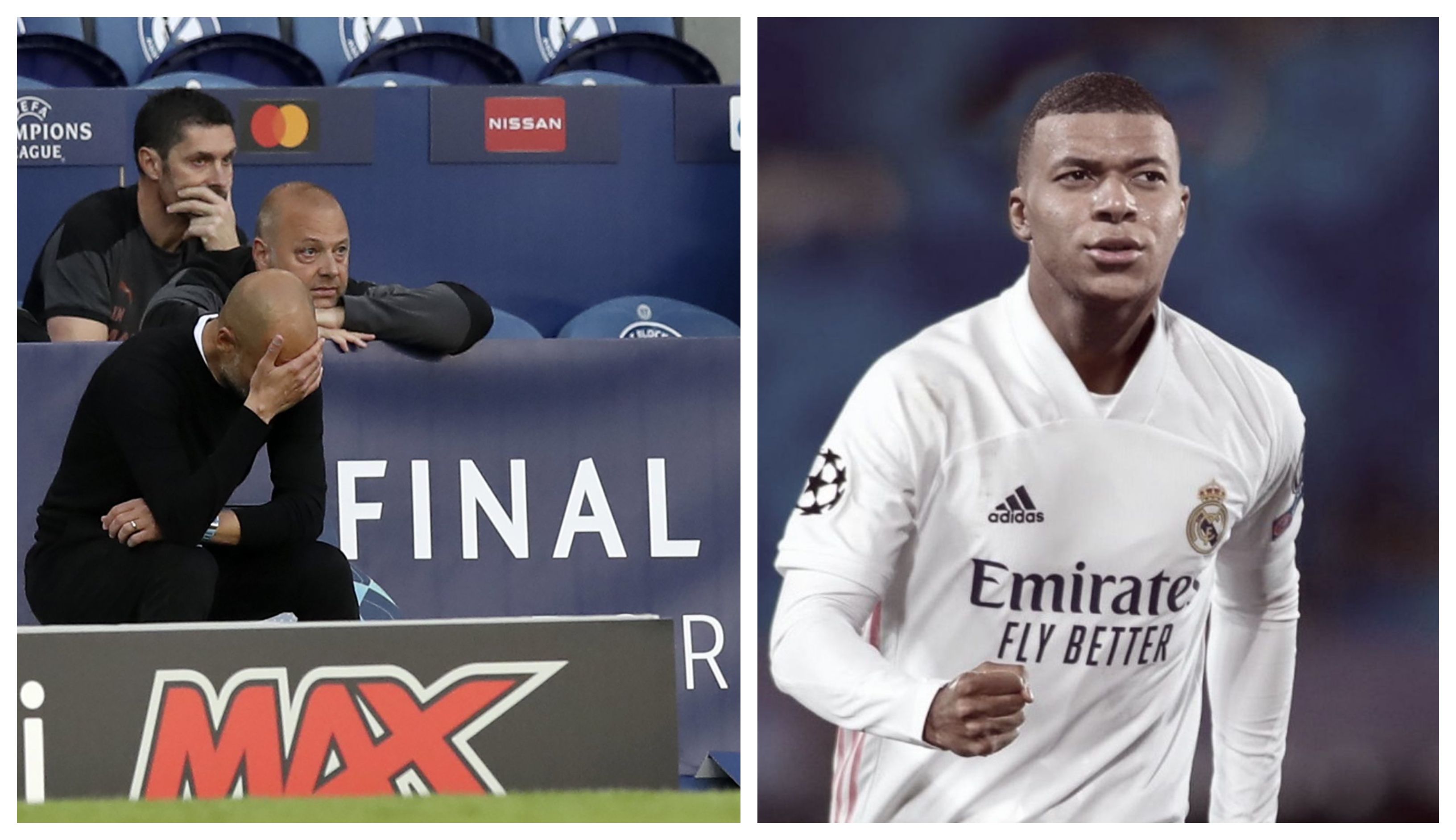 Pep Guardiola, entrenador del Manchester City y Kylian Mbappé, futuro delantero del Real Madrid