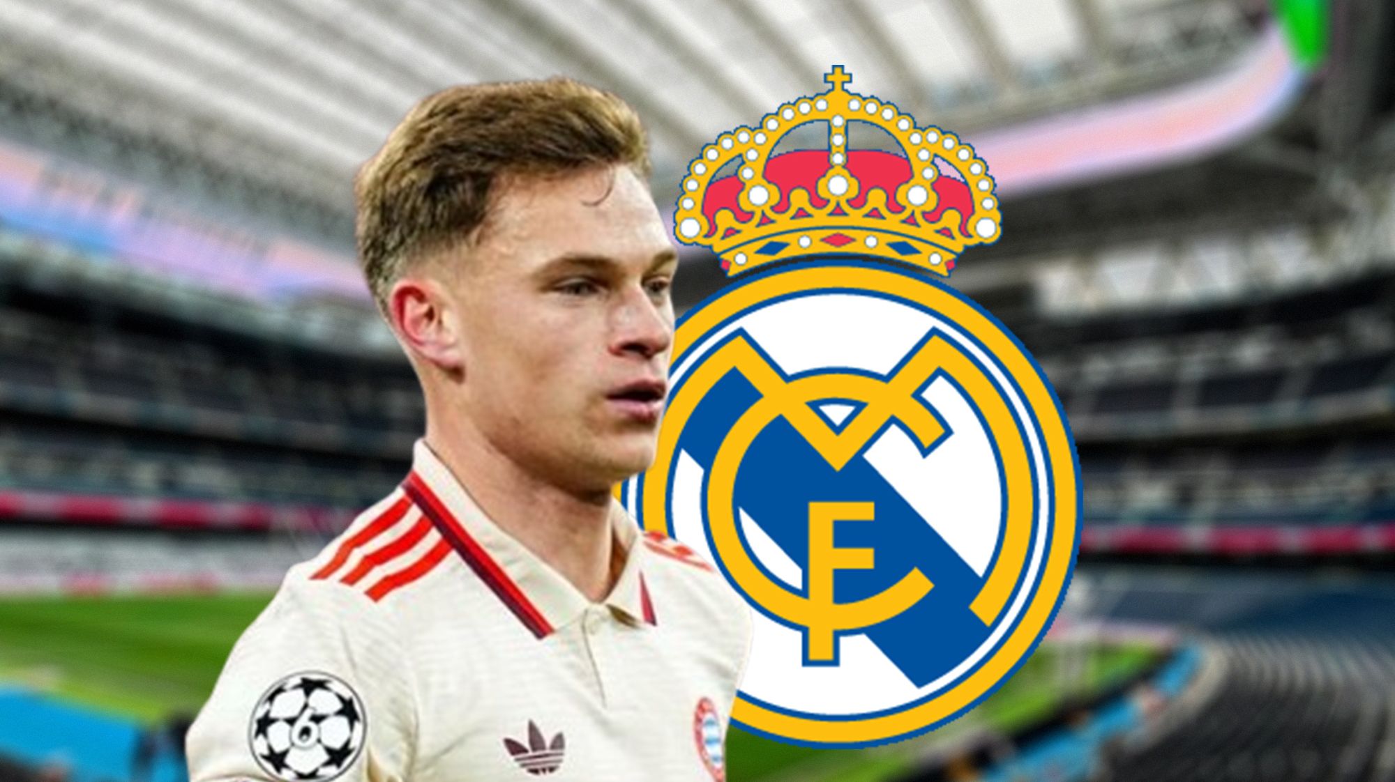 Joshua Kimmich, escudo del Real Madrid y una foto del Santiago Bernabéu.