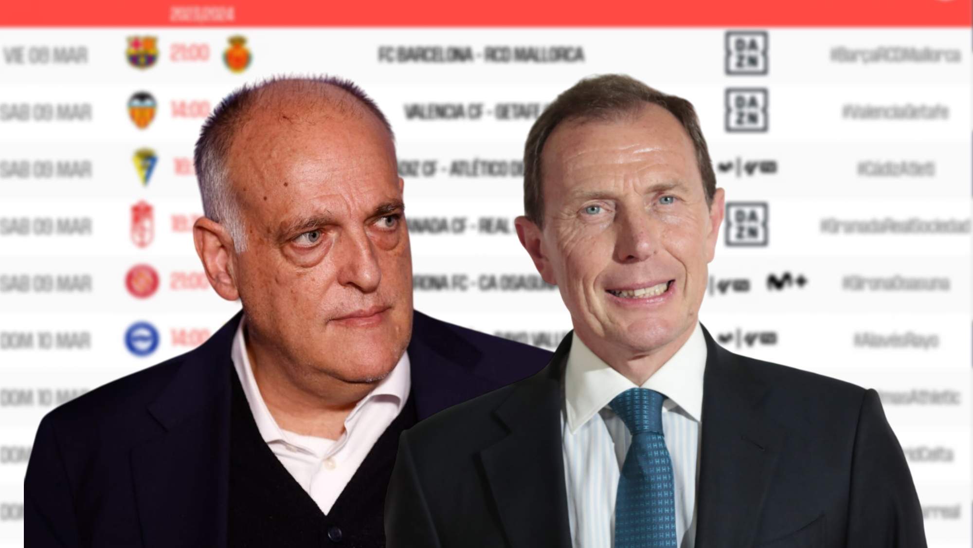 Javier Tebas y Emilio Butragueño, presidente de la Liga y director de Relaciones Institucionales del Real Madrid, respectivamente. Javier Tebas y Emilio Butragueño, presidente de la Liga y director de Relaciones Institucionales del Real Madrid, respectivamente.
