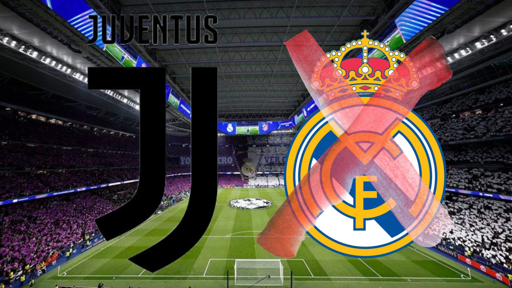 Bernabéu y escudos de Juventus y Real Madrid Bernabéu y escudos de Juventus y Real Madrid