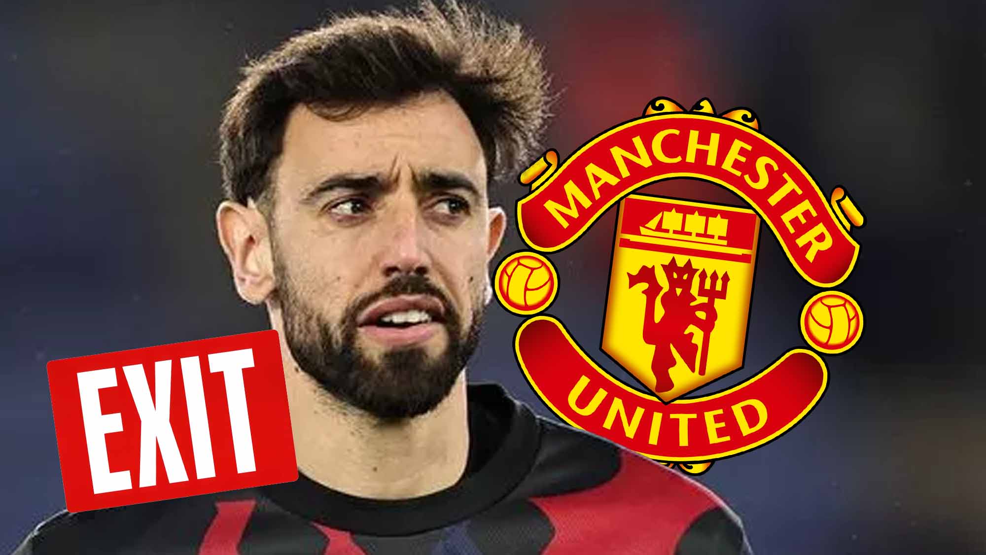 Bruno Fernandes con símbolo de salida y escudo United