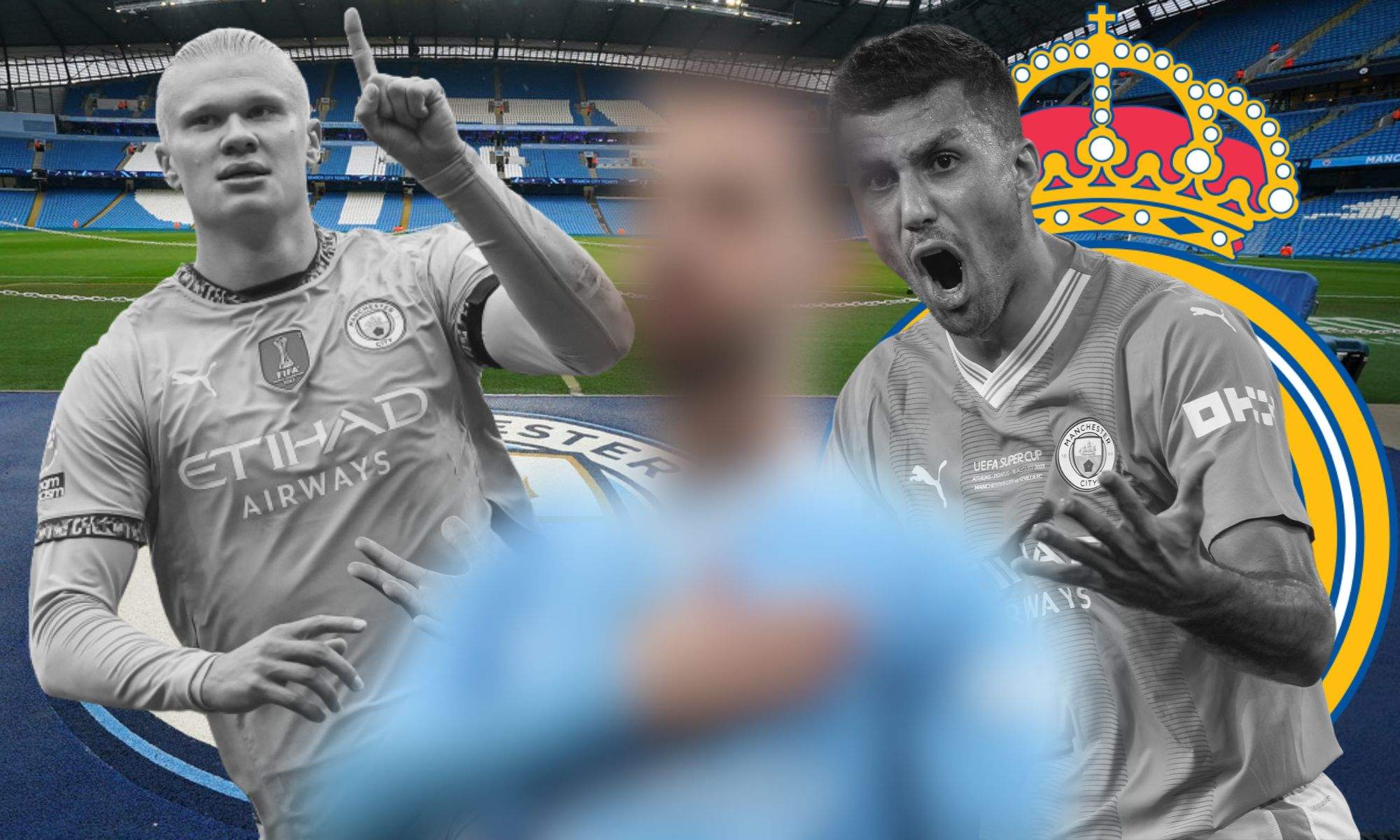 Haaland, Rodri, Bernardo Silva difuminado sobre el escudo del Real Madrid