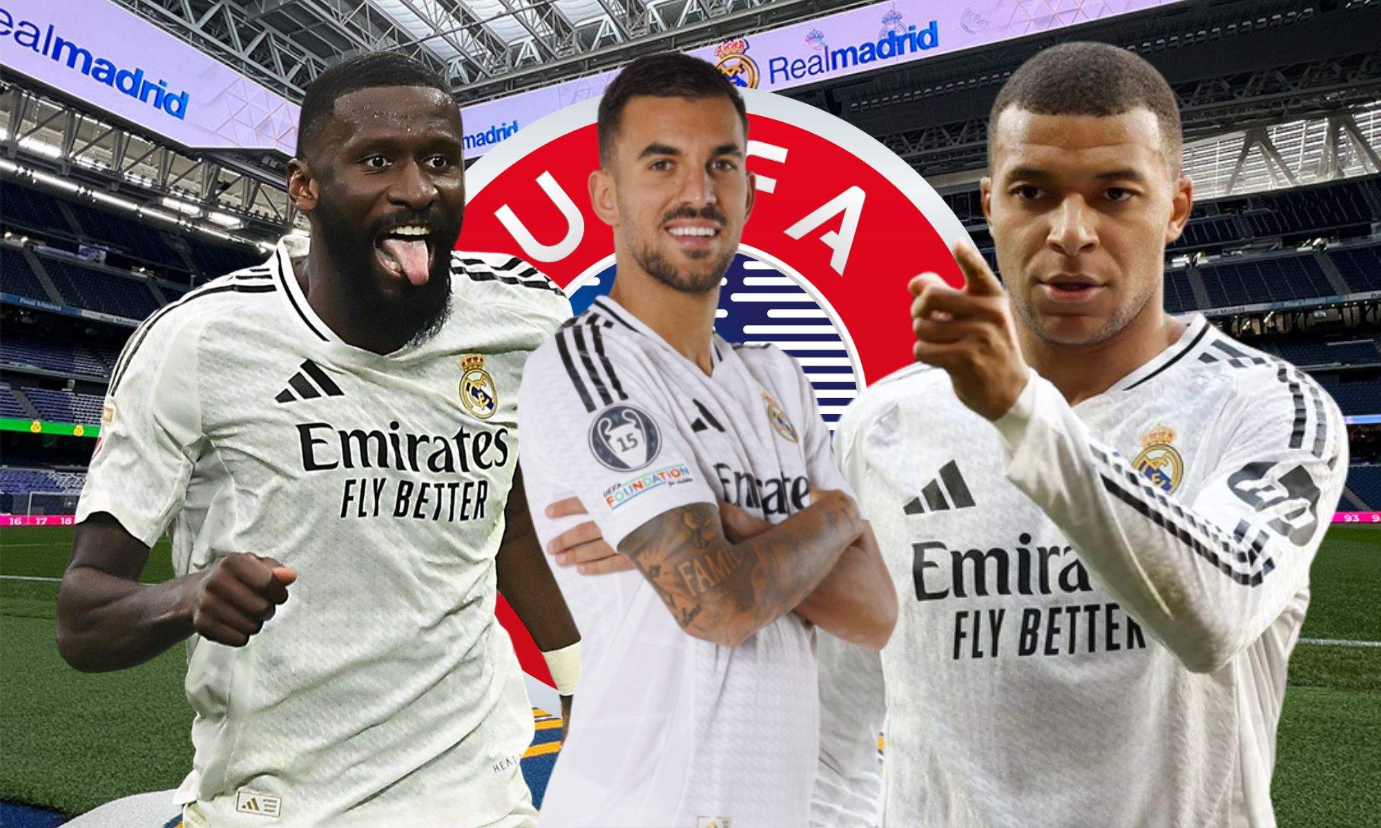 Rüdiger, Mbappé y Ceballos con el logo UEFA