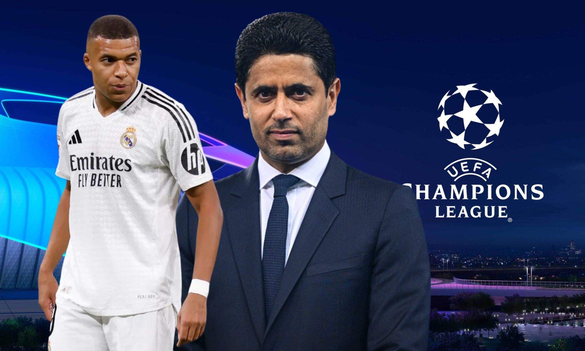 Mbappé y Al-Khelaifi sobre el logo de la Champions League