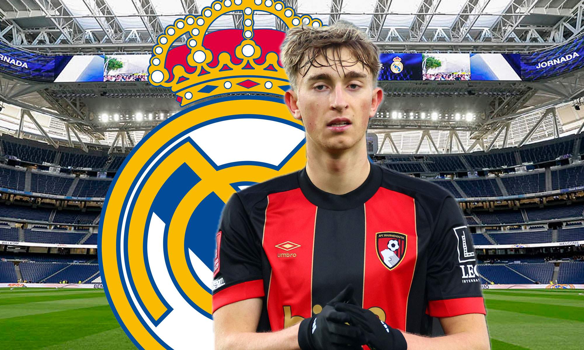 Huijsen con escudo Real Madrid y fondo Bernabéu
