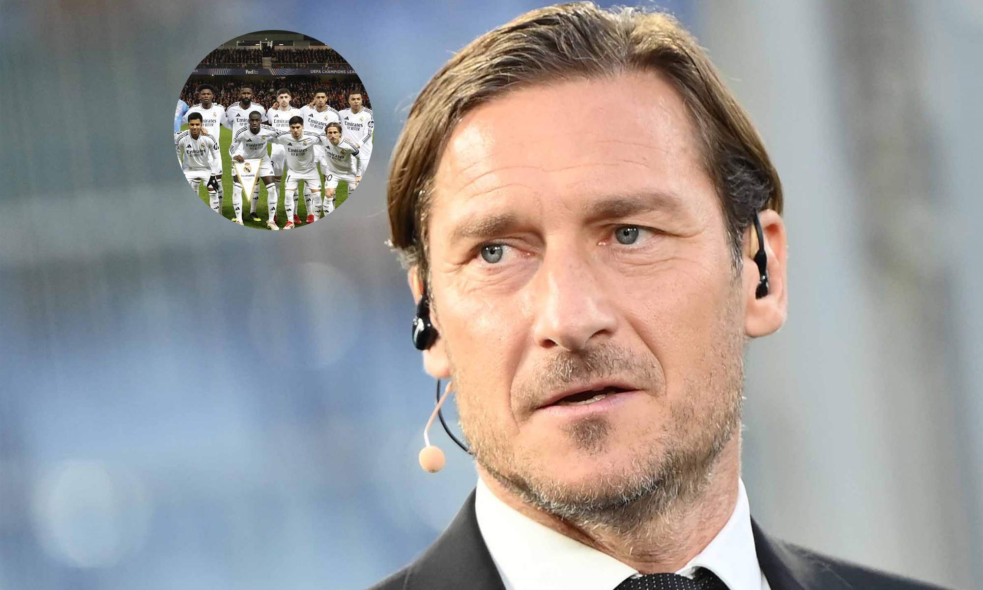 Francesco Totti y una foto de un once del Real Madrid.