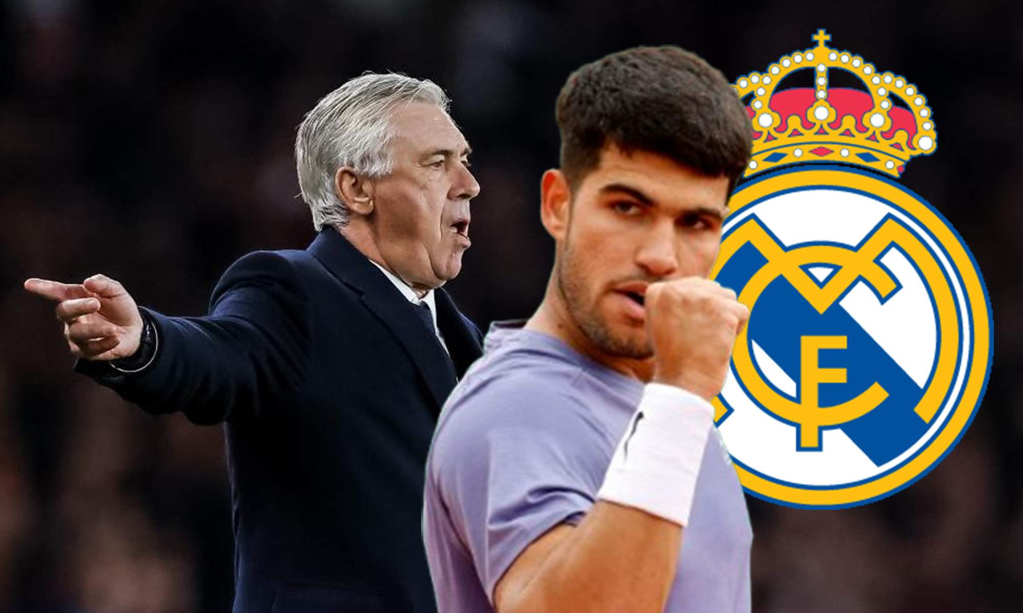 Carlo Ancelotti, Carlos Alcaraz y un escudo del Real Madrid.