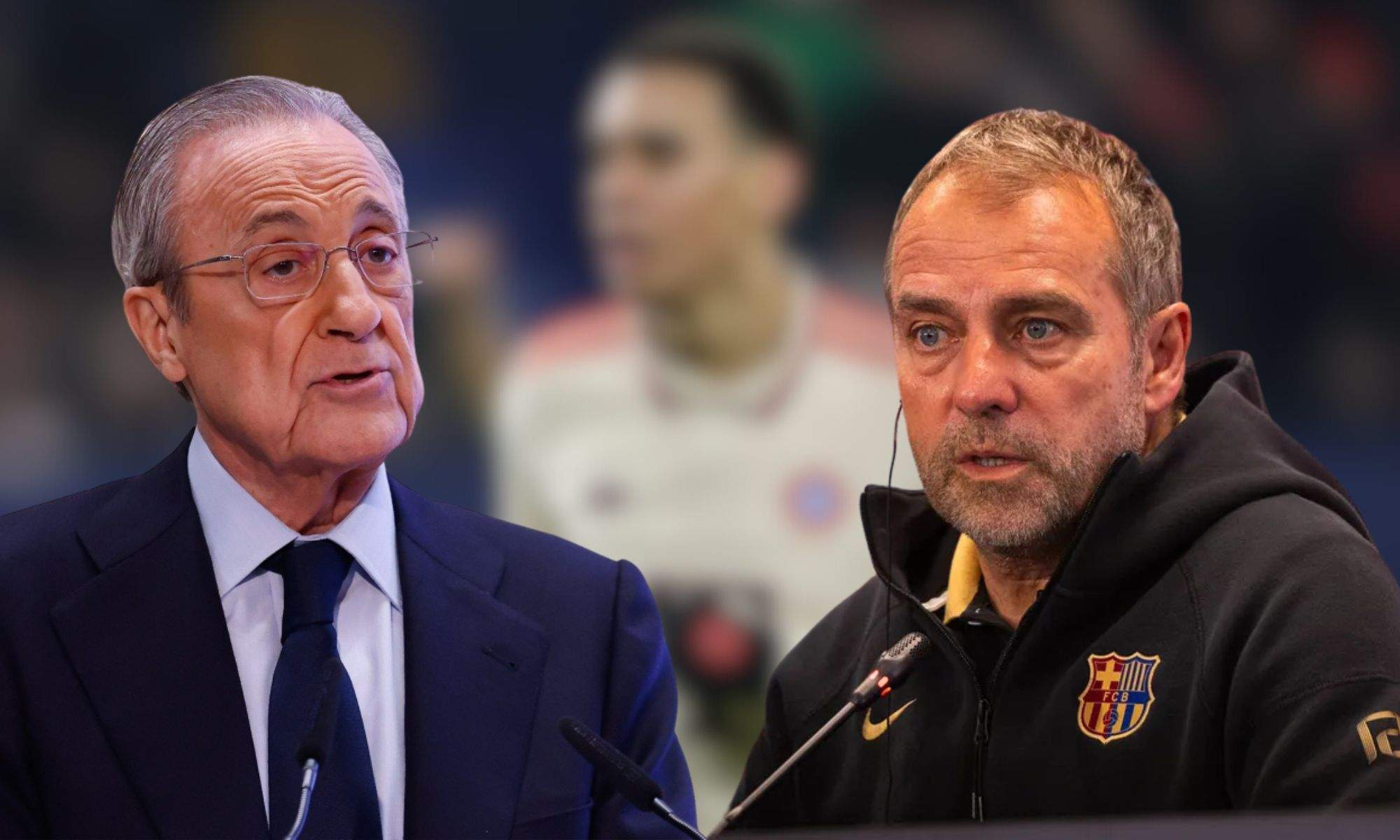 Florentino Pérez y Flick sobre un fondo de Musiala difuminado Florentino Pérez y Flick sobre un fondo de Musiala difuminado