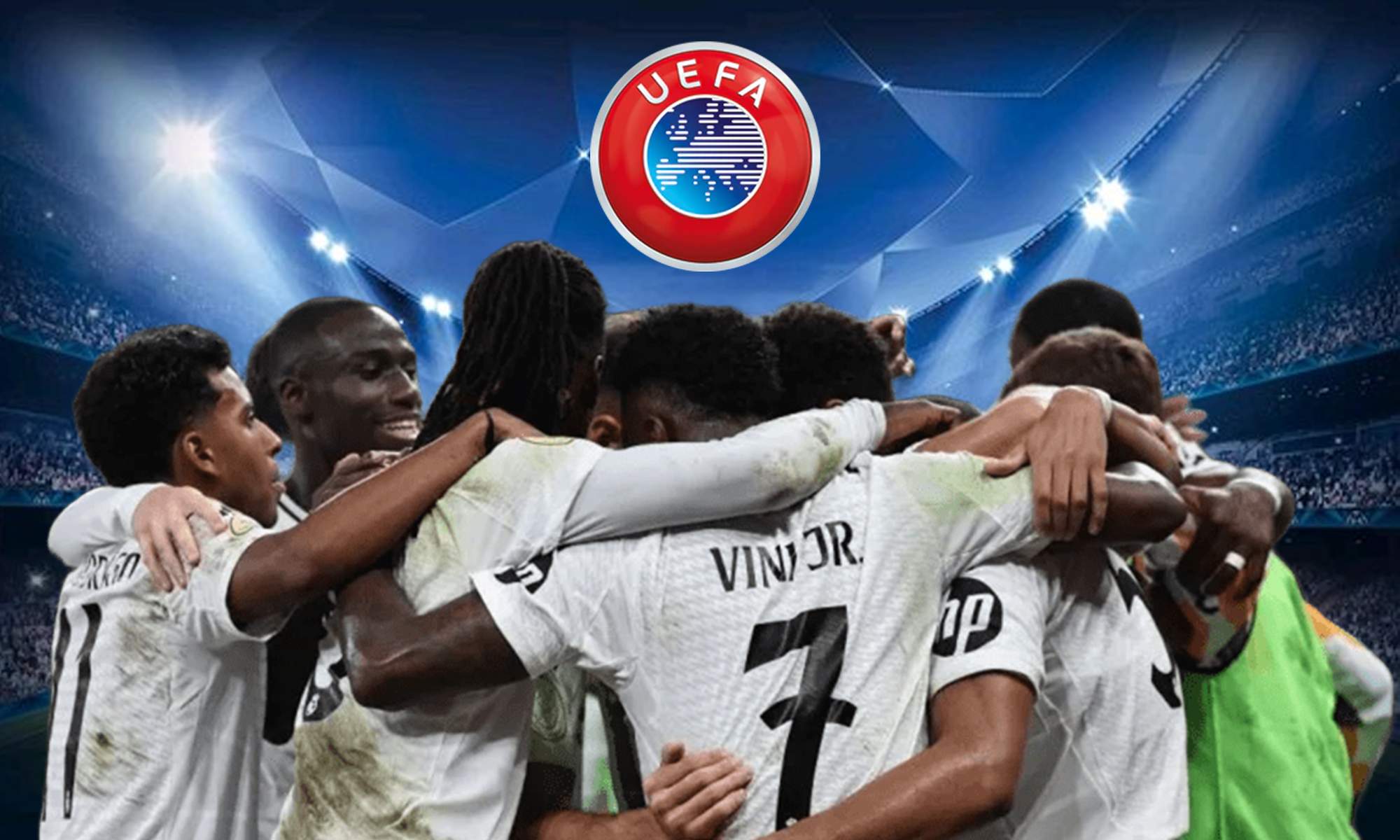 Jugadores del Real Madrid celebrando un gol y el logo de la UEFA.
