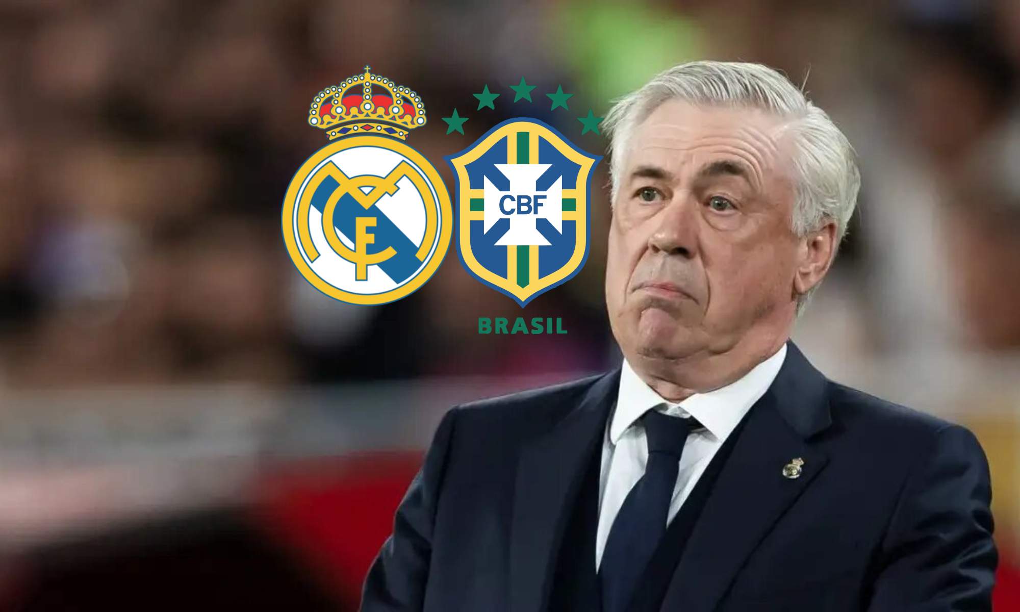 Ancelotti con los escudos de Brasil y Real Madrid