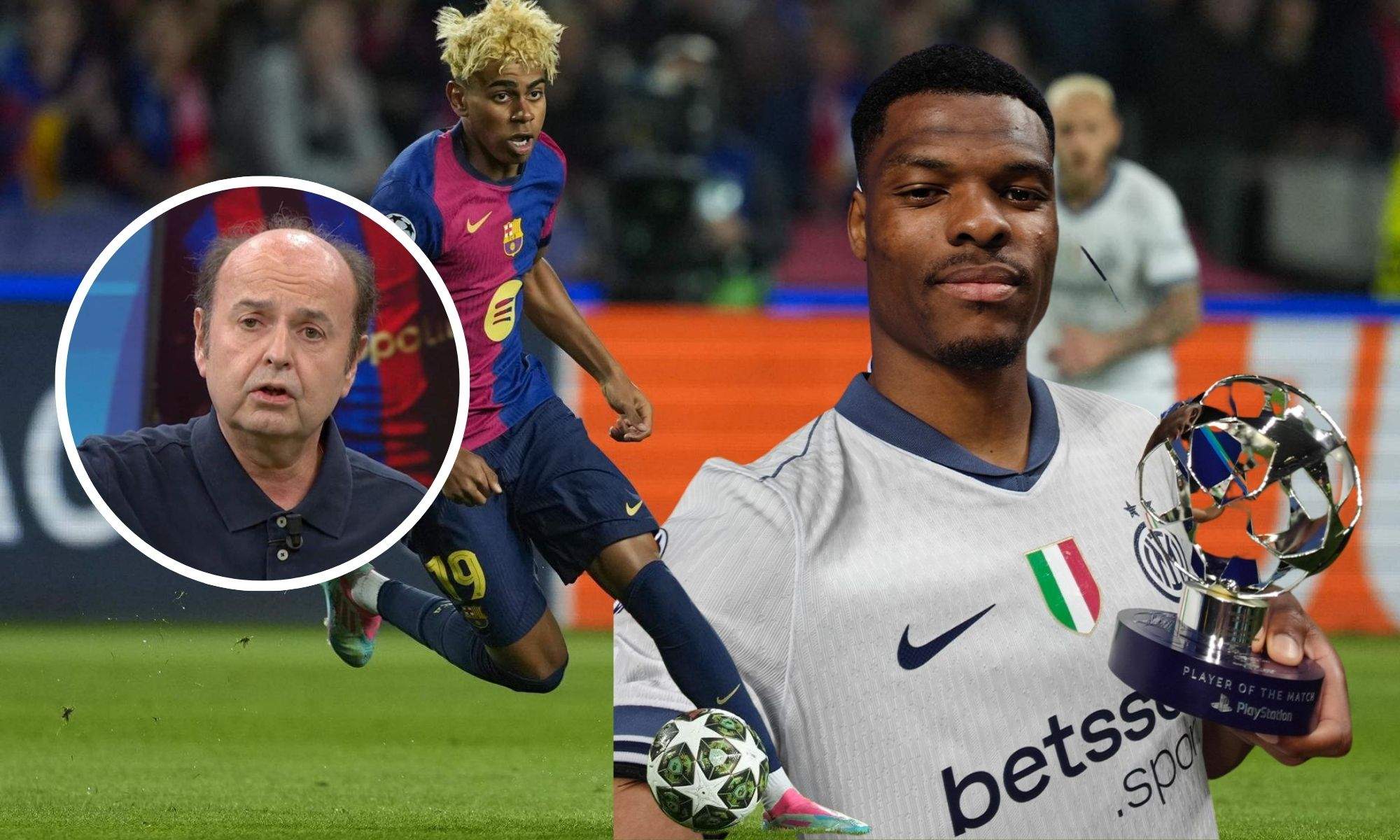 Juanma Rodríguez junto a Lamine Yamal y Dumfries