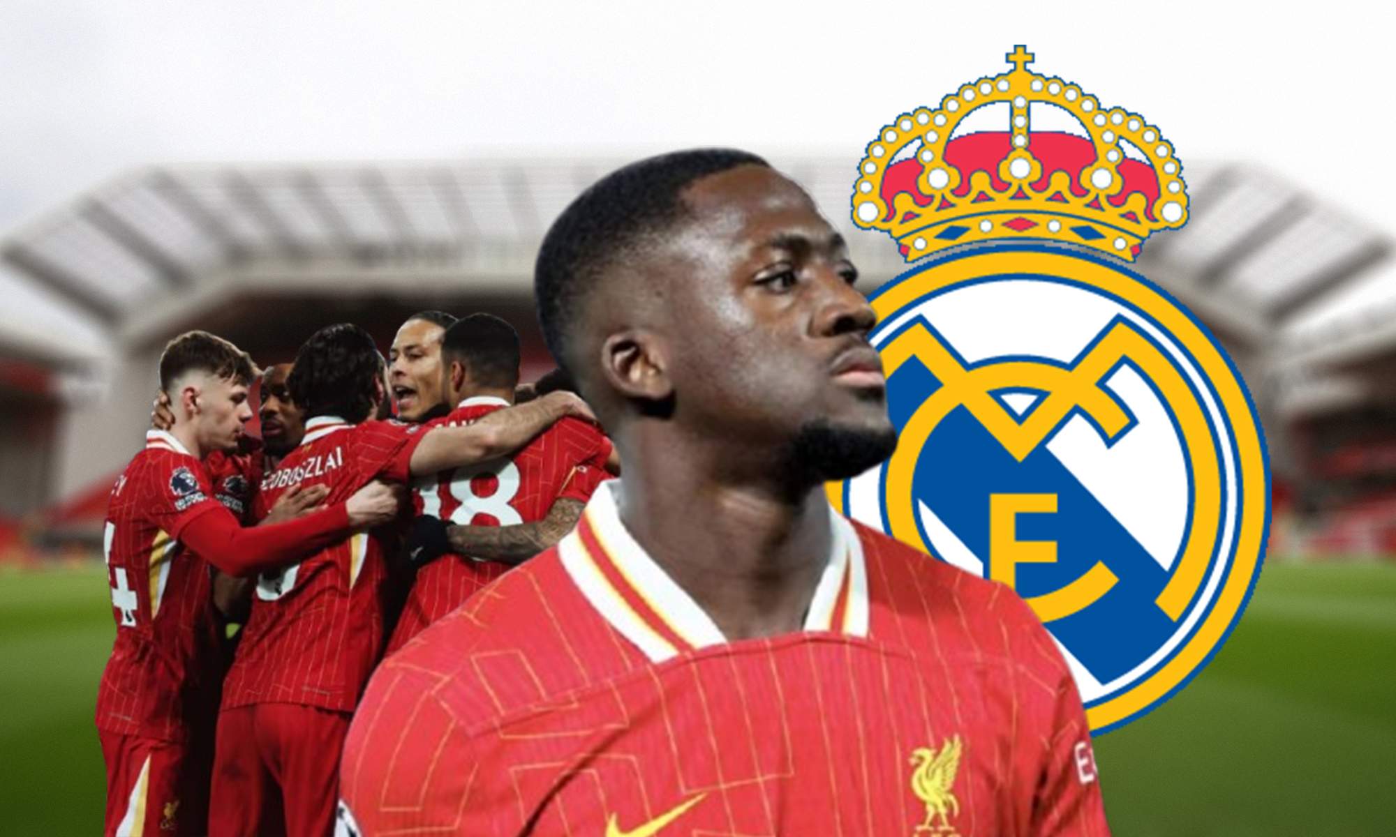 Konaté, jugadores del Liverpool y escudo del Real Madrid.