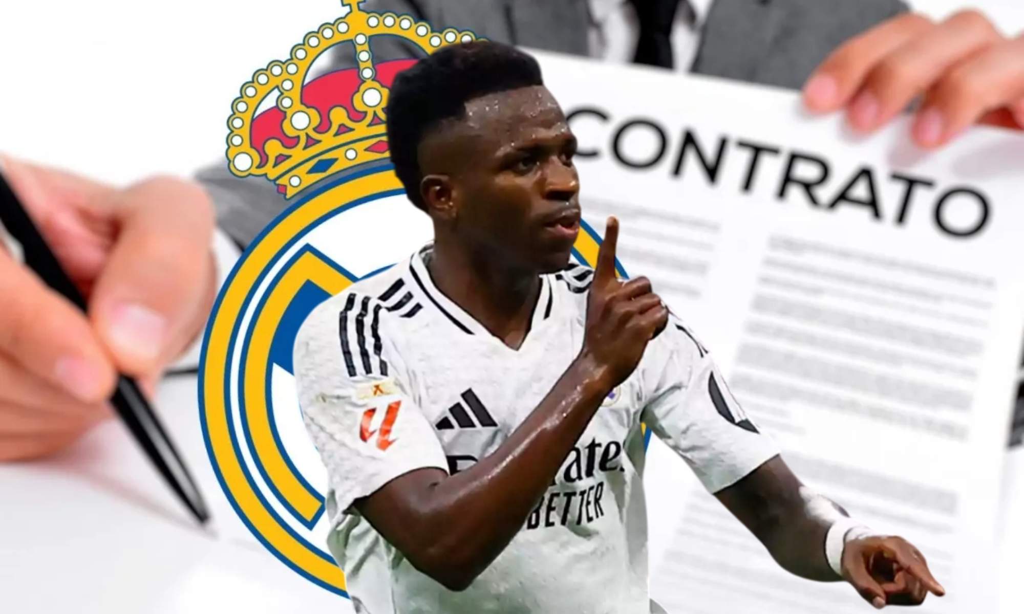 Vinicius Junior con escudo Real Madrid y contrato de fondo
