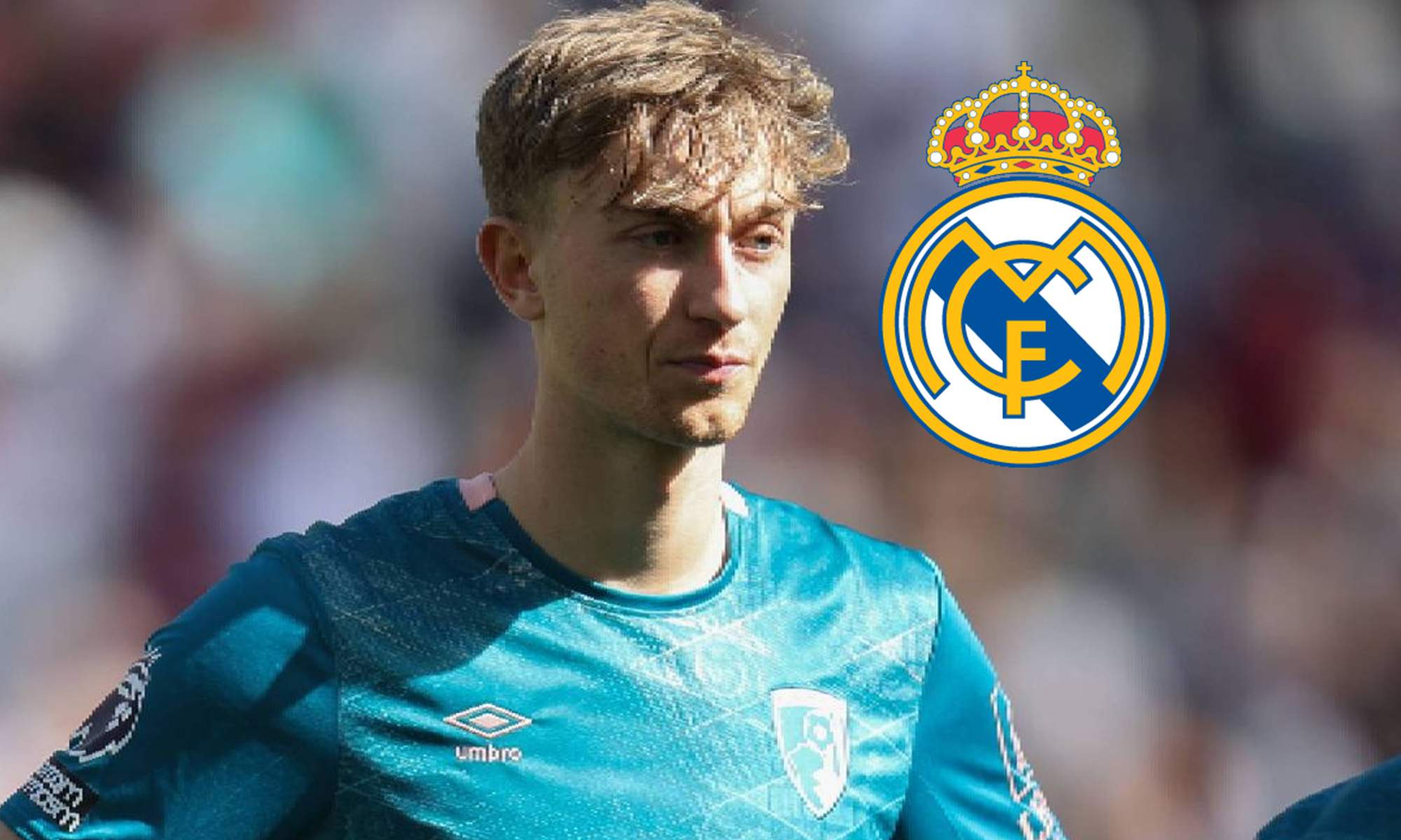 Dean Huijsen y un escudo del Real Madrid. 