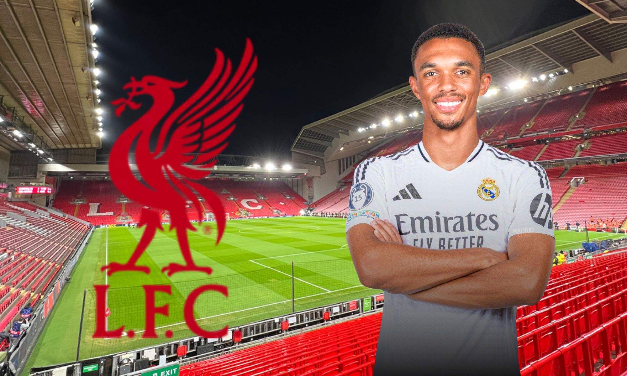 Arnold vestido del Real Madrid y escudo del Liverpool