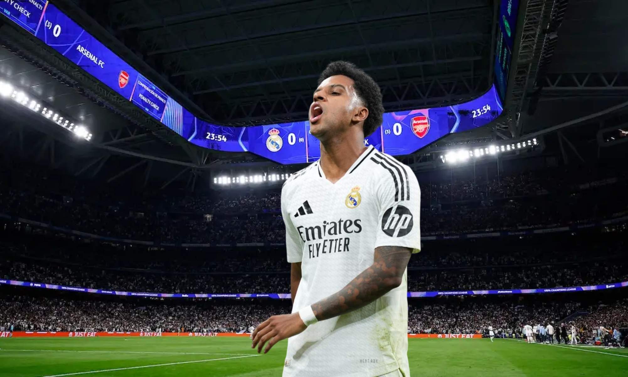 Rodrygo con fondo Bernabéu en Champions