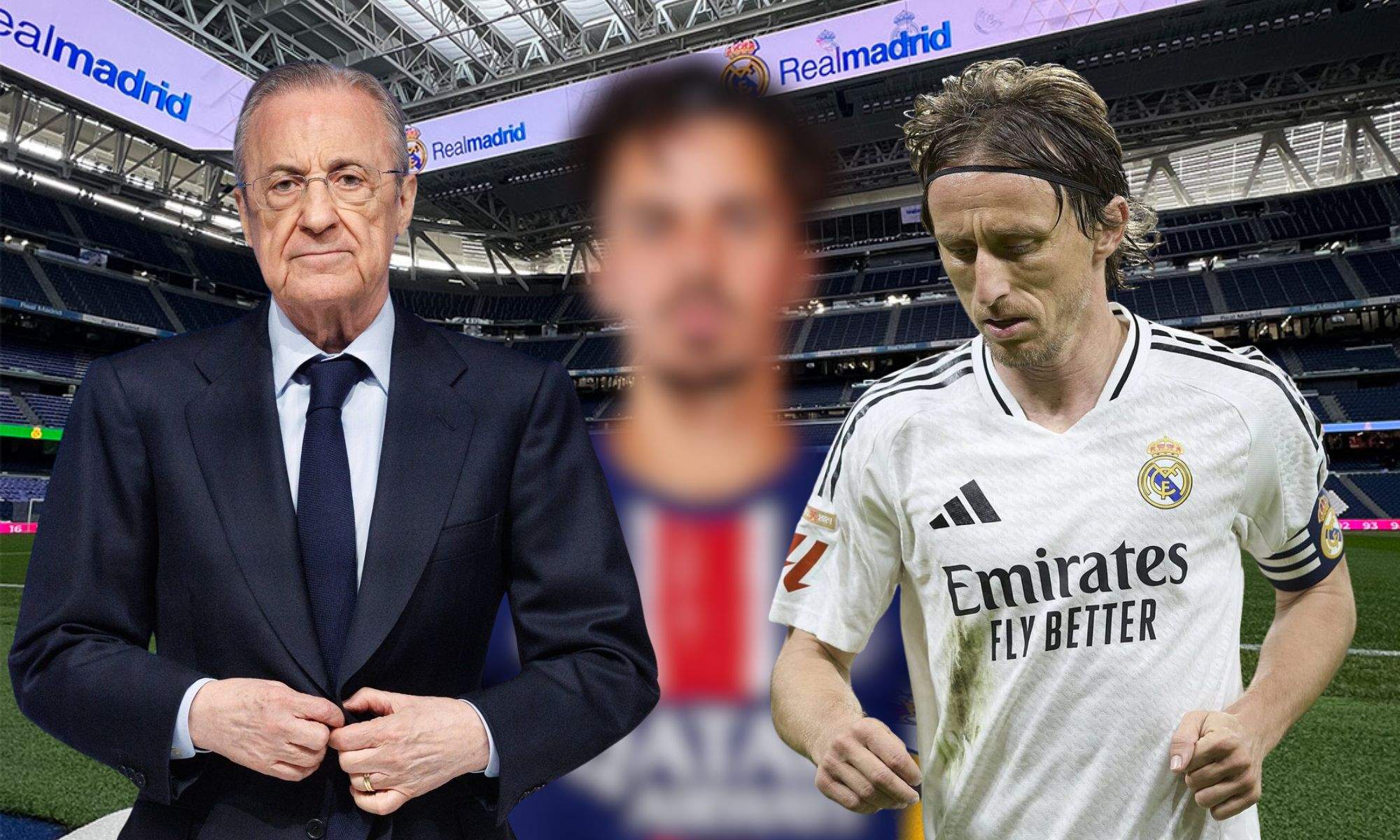 Florentino Pérez con Vitinha desenfocado y Modric