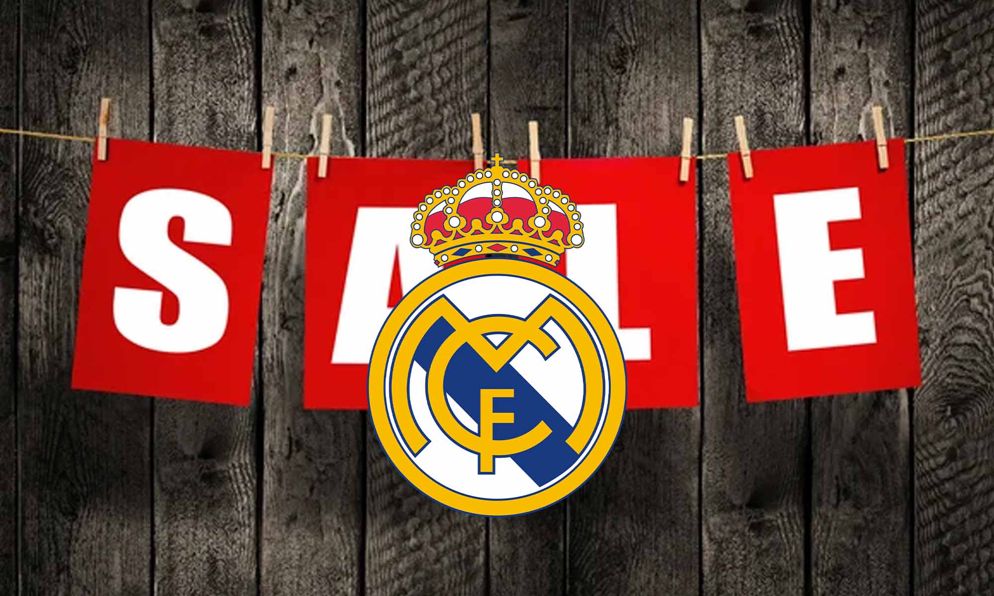 Escudo Real Madrid con letrero de venta