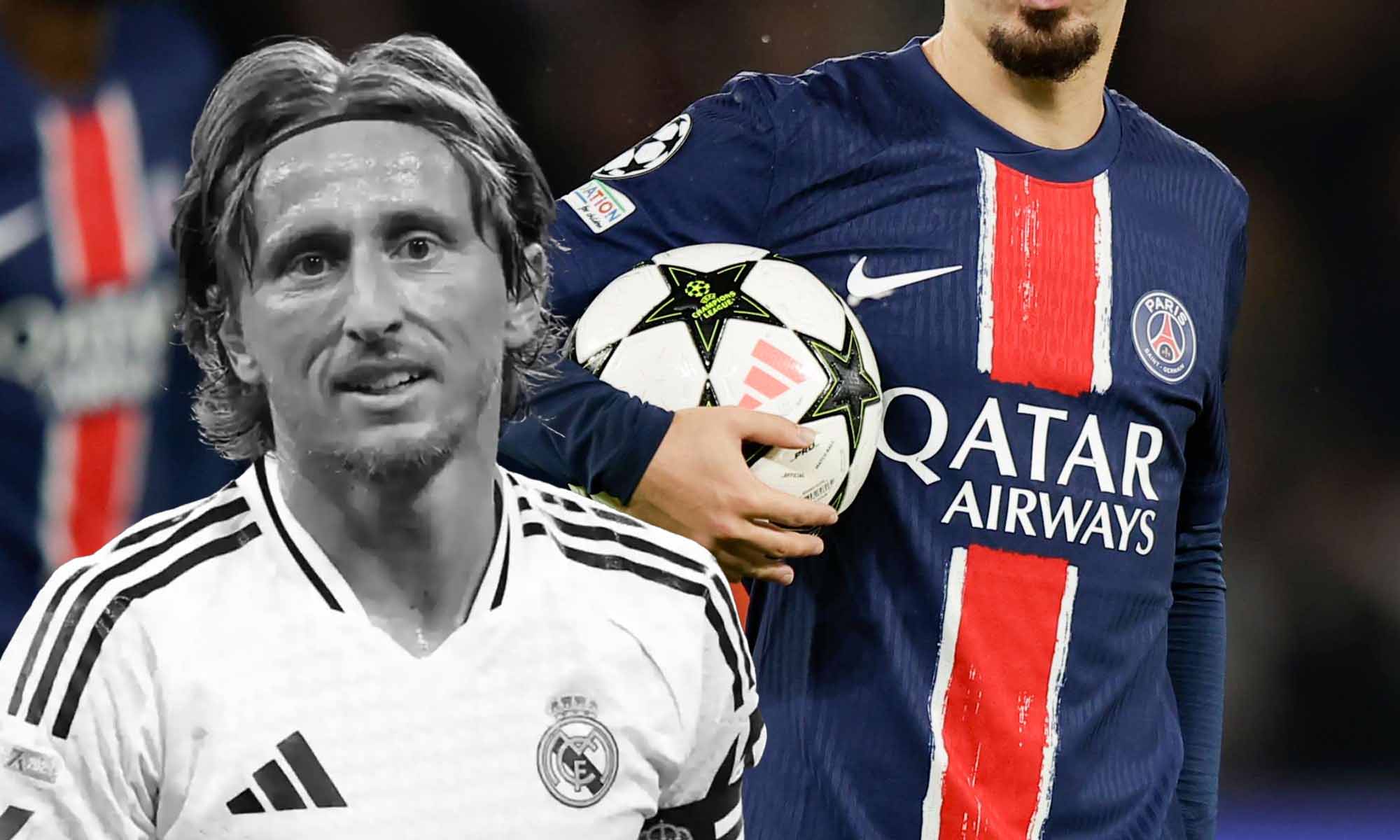 Modric en blanco y negro con jugador del PSG incognito Modric en blanco y negro con jugador del PSG incognito