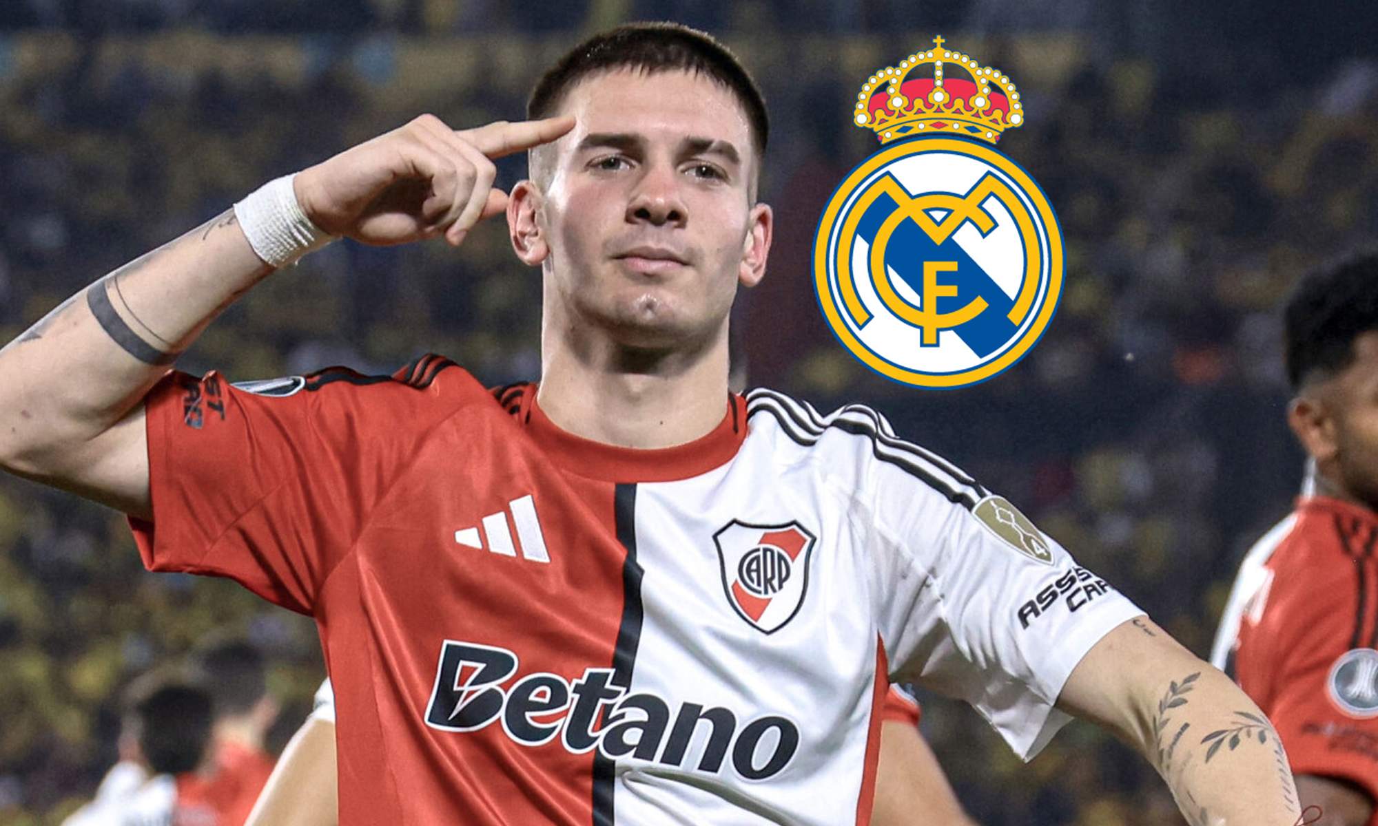 Franco Mastantuono y un escudo del Real Madrid. 