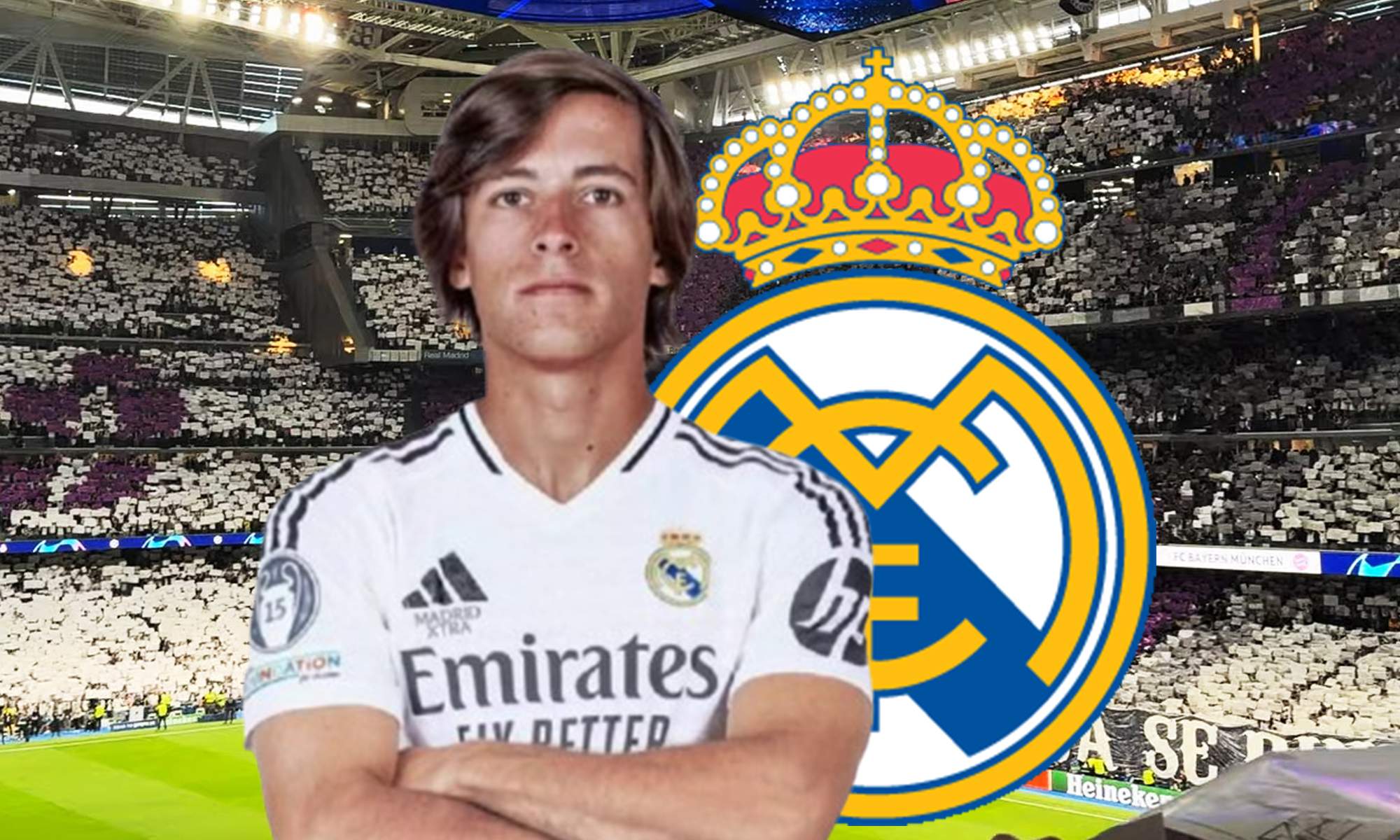 Álvaro Carreras, escudo del Real Madrid y el Santiago Bernabéu.