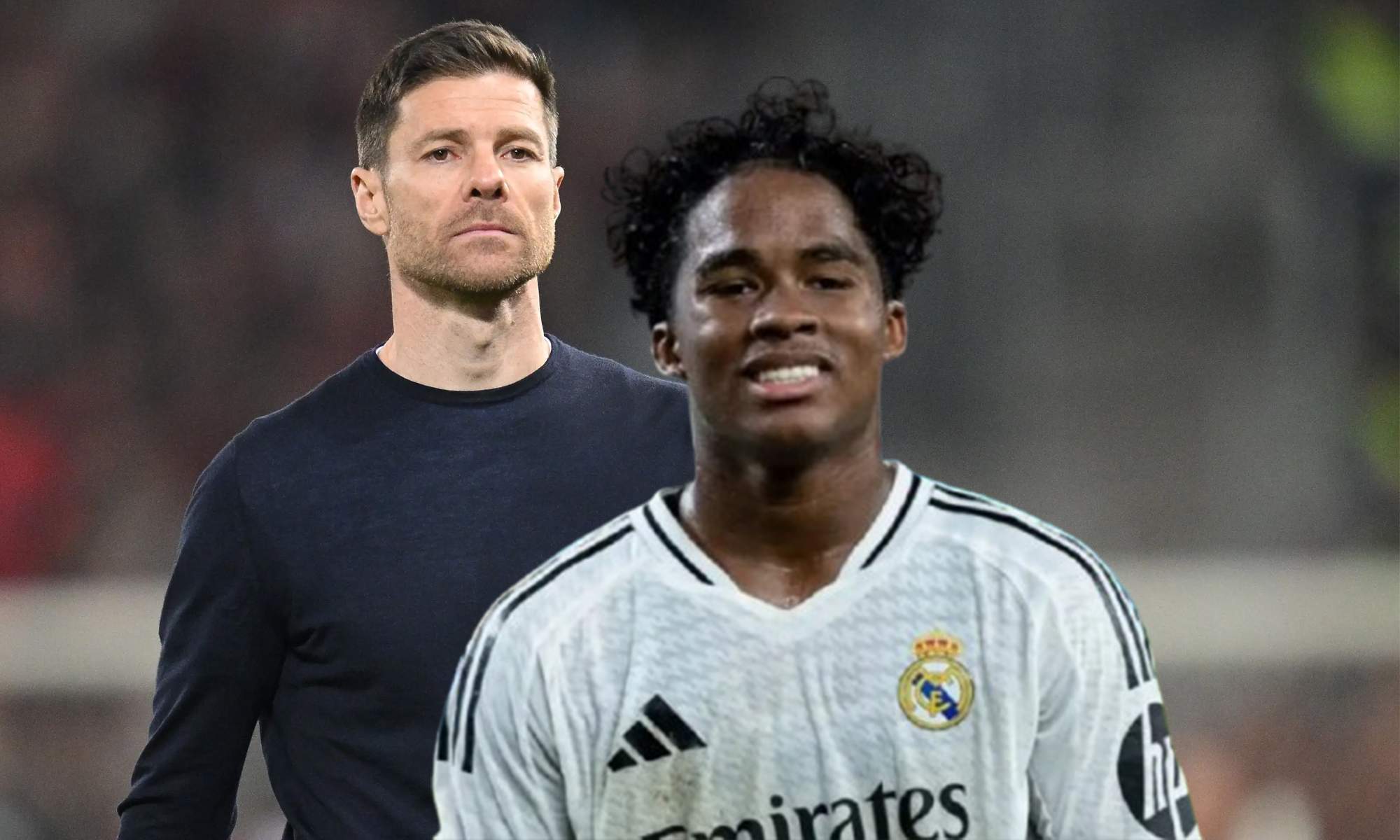 Endrick y una foto de Xabi Alonso en un partido del Leverkusen.