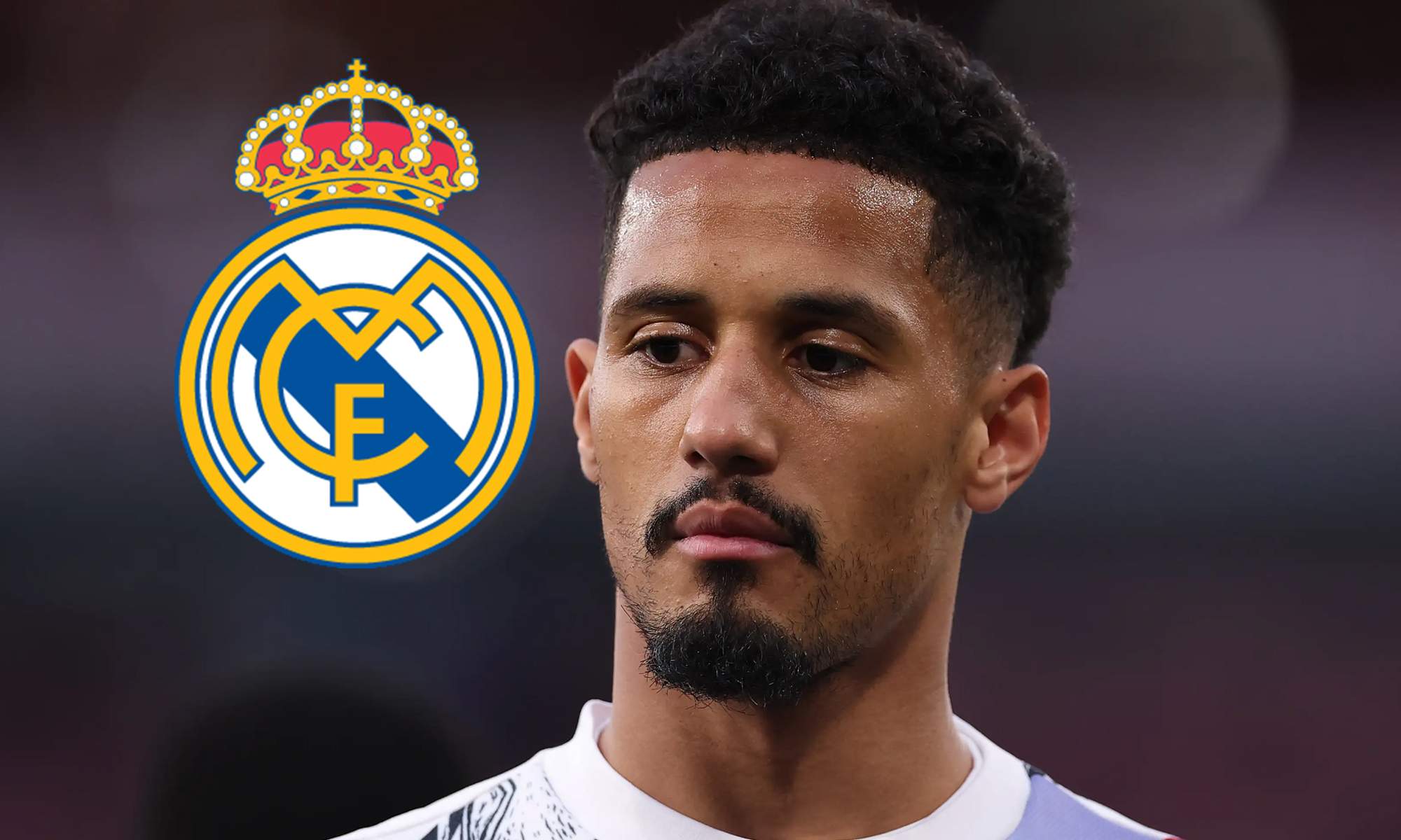 William Saliba y el escudo del Real Madrid. William Saliba y el escudo del Real Madrid.