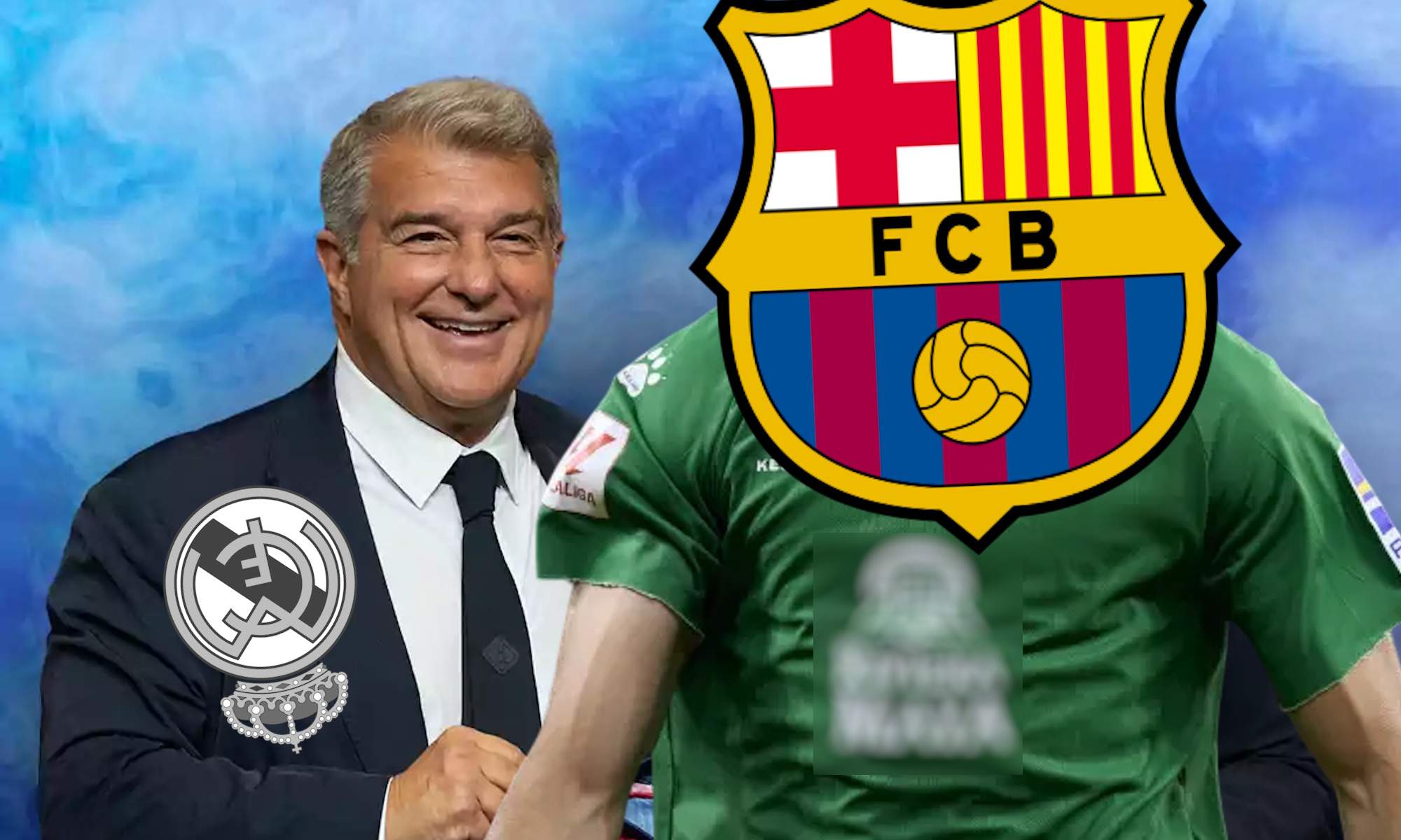 Joan Laporta riendo con un jugador de incógnito tapado por el escudo del Barça y el escudo del Real Madrid al revés y en blanco y negro