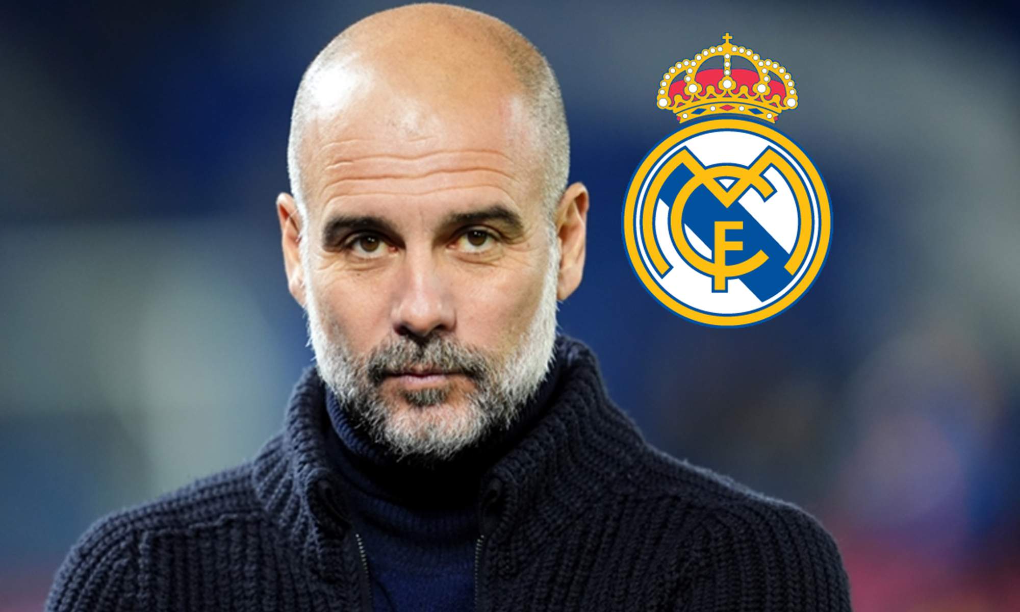 Pep Guardiola y un escudo del Real Madrid.