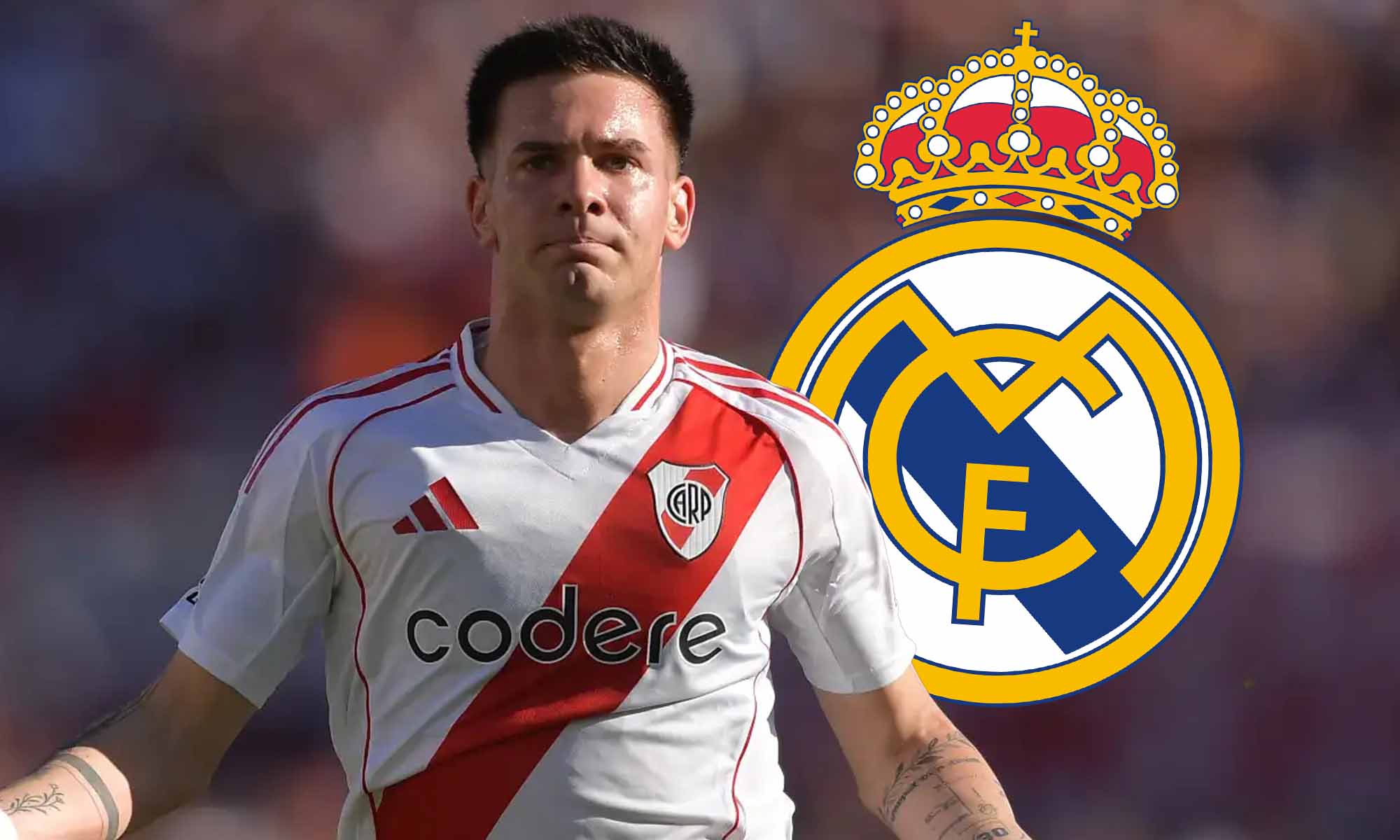 Mastantuono con escudo Real Madrid a un lado