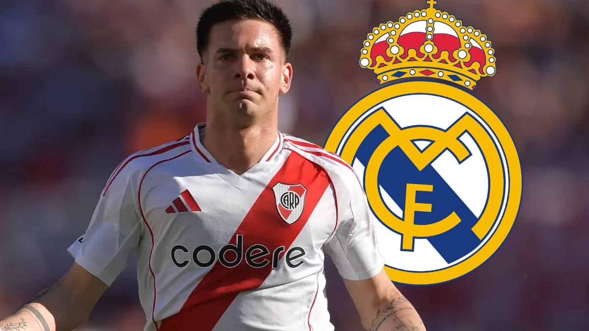 Mastantuono con escudo Real Madrid a un lado Mastantuono con escudo Real Madrid a un lado