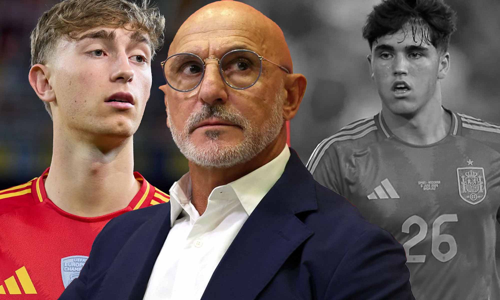 Luis de la Fuente con Huijsen y Cubarsí en blanco y negro