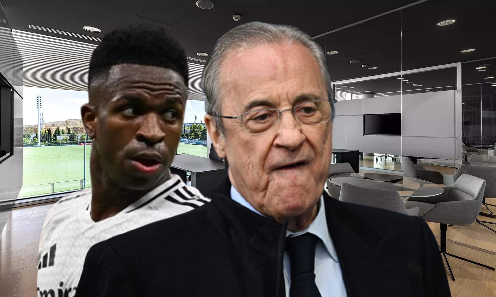 Vinícius Júnior, Florentino Pérez y un despacho del Real Madrid.