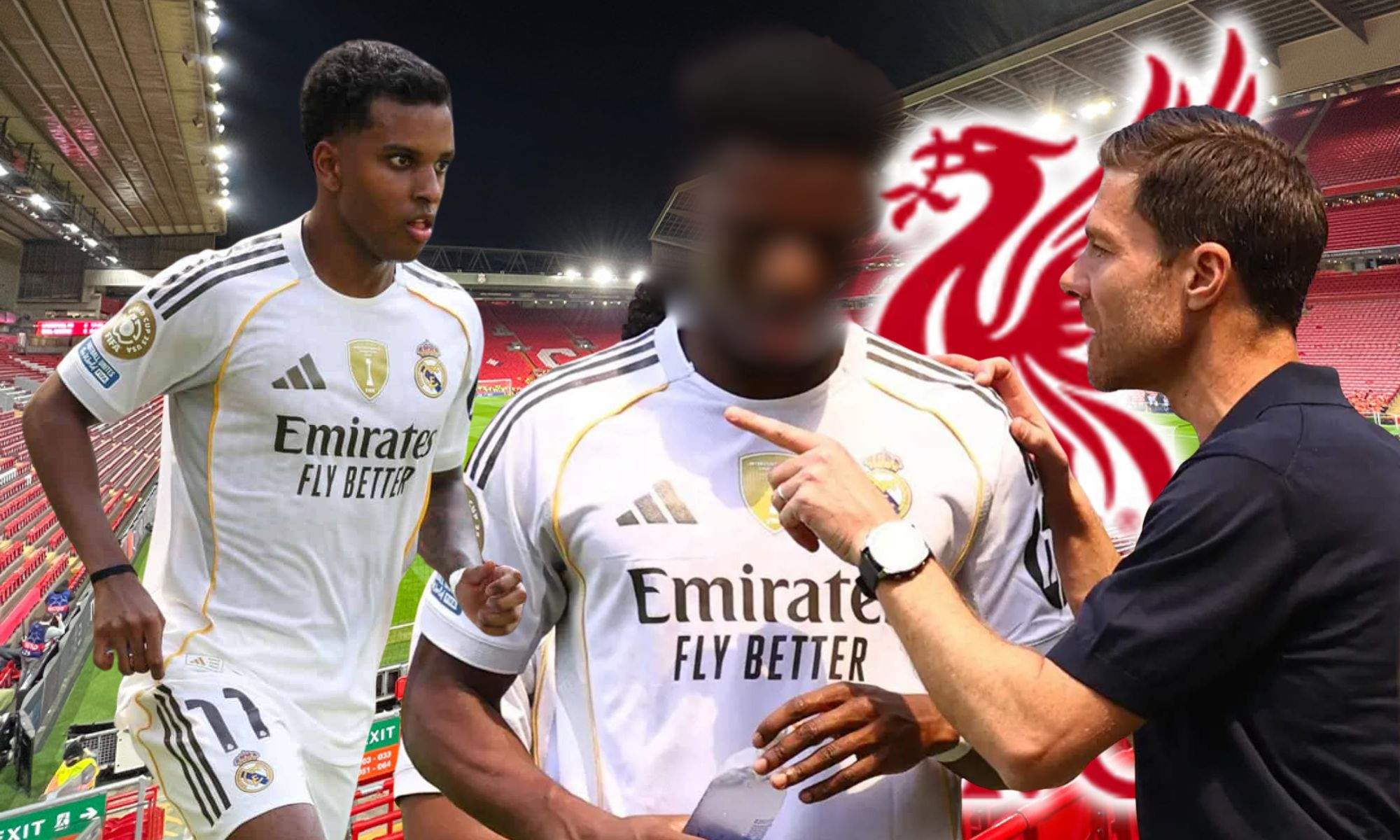 Rodrygo junto a Xabi Alonso y Tchouameni sobre Anfield y escudo del Liverpool 
