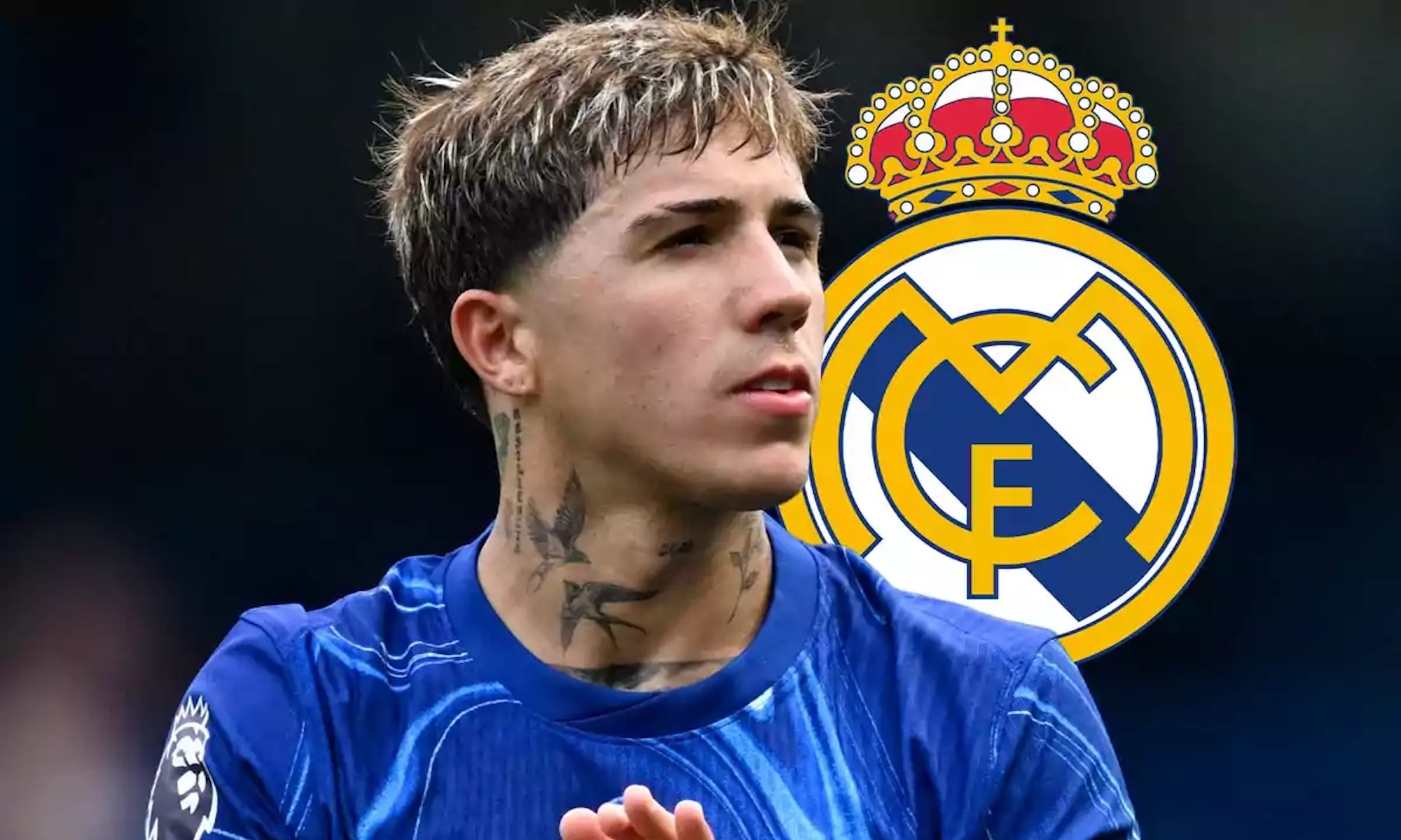 Enzo Fernández y escudo Real Madrid