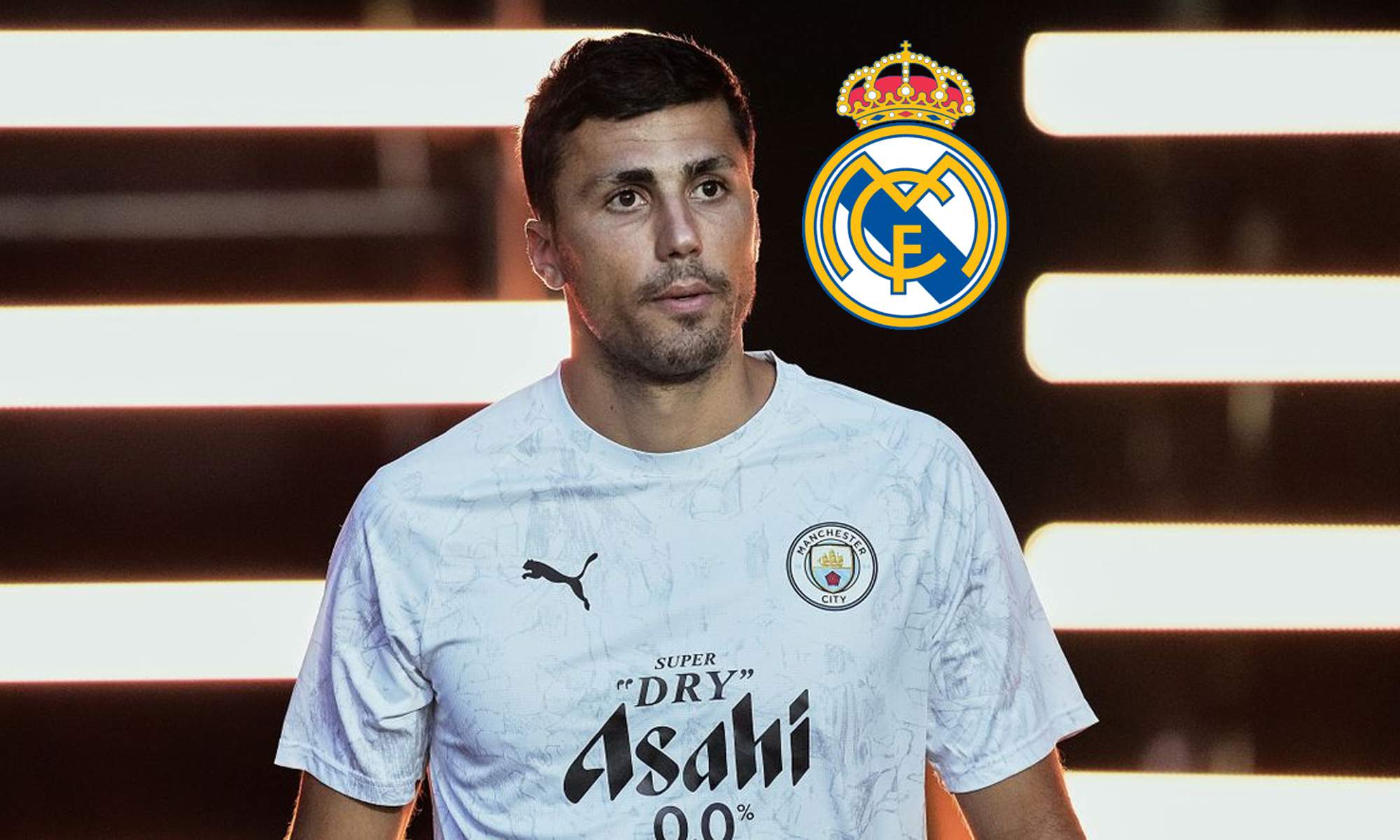 Rodri Hernández y un escudo del Real Madrid. 