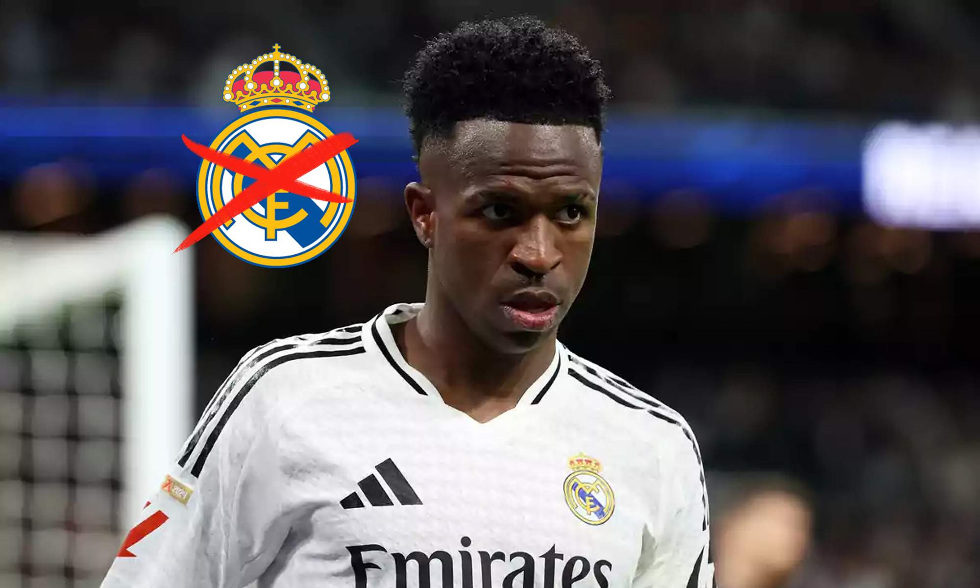 Vinícius Júnior y escudo del Real Madrid tachado.