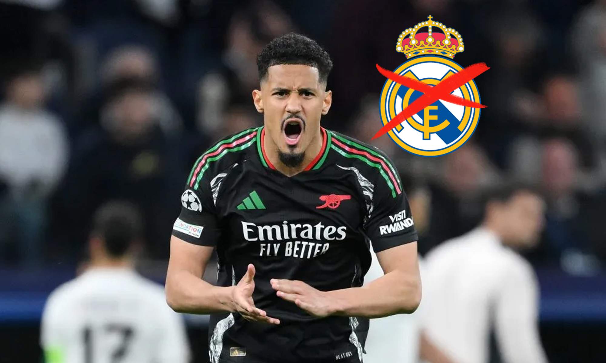 William Saliba y escudo del Real Madrid tachado.