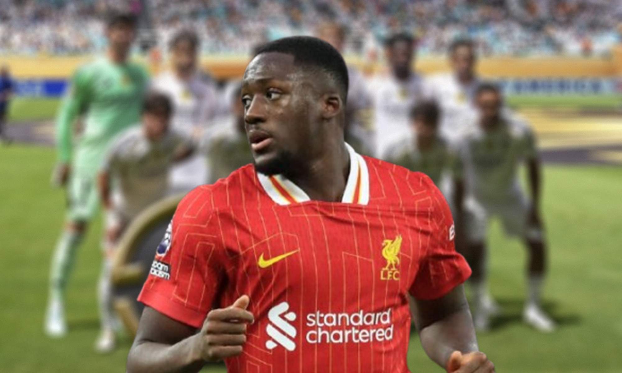 Konaté jugando con el Liverpool y una foto de un once del Real Madrid.