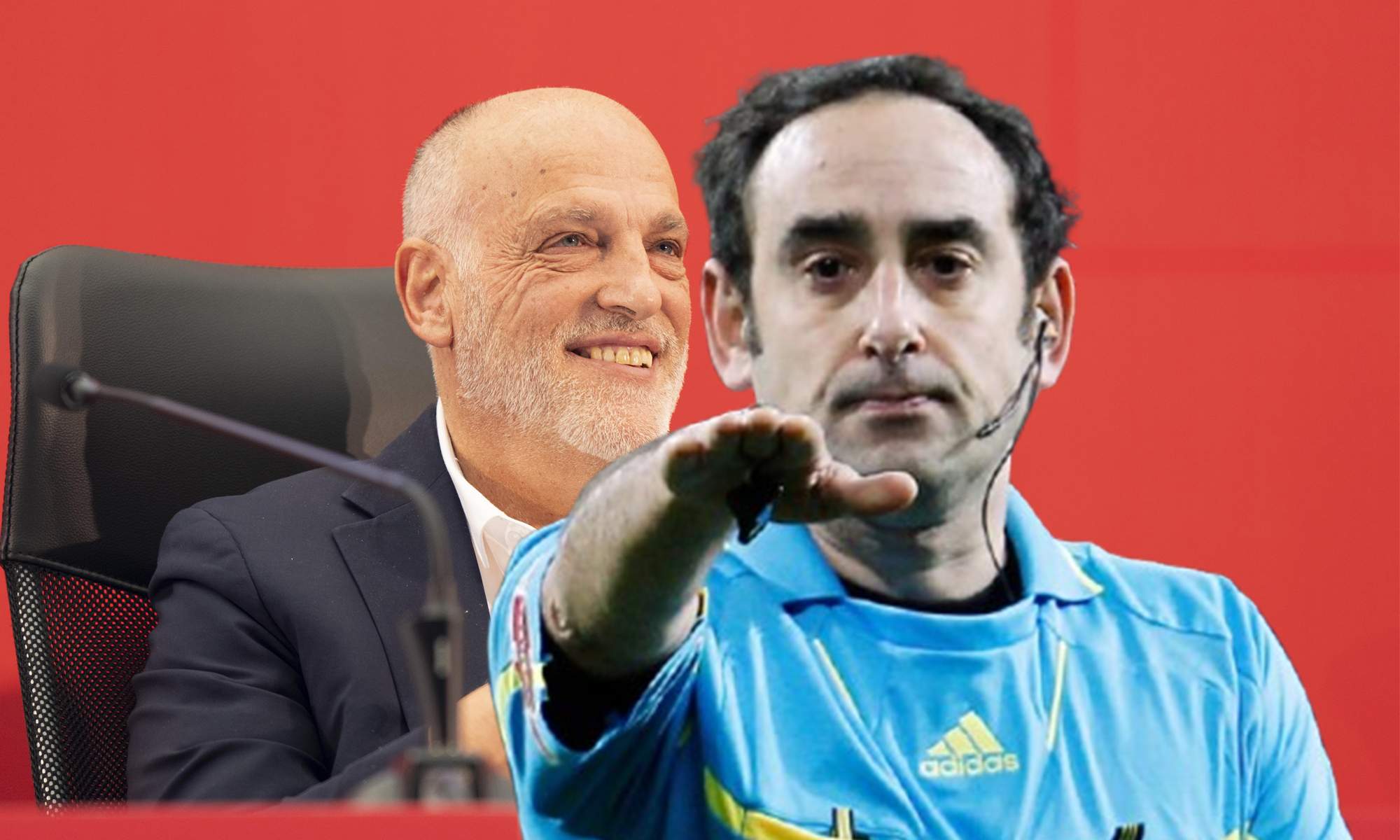 Eduardo Iturralde cuando era árbitro y una foto de Javier Tebas en un acto.