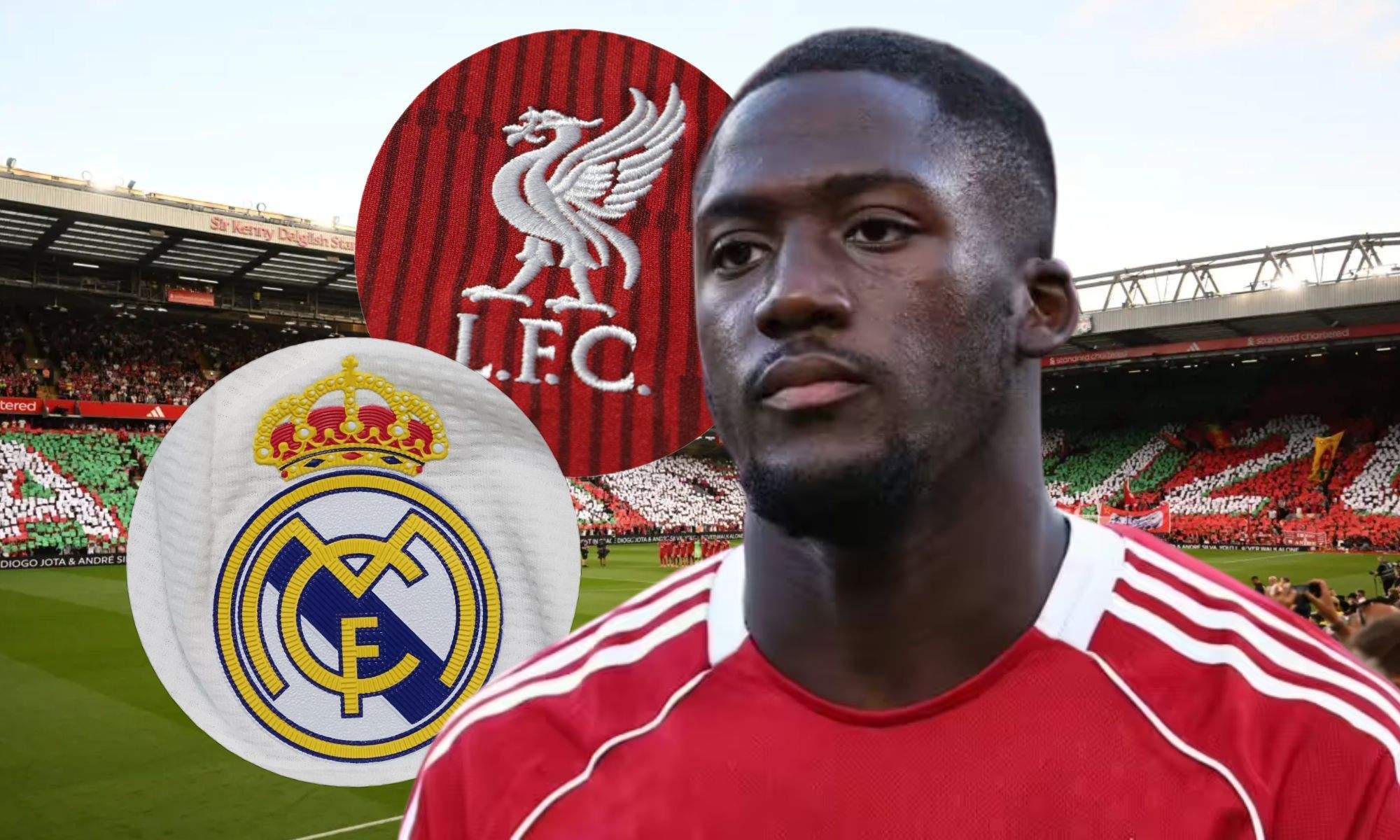 Konaté con los escudos del Liverpool y Real Madrid