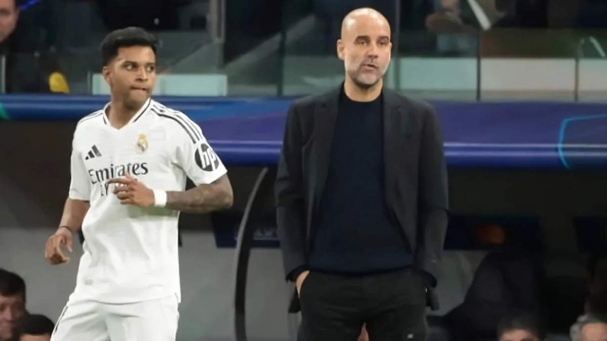Pep Guardiola y Rodrygo Goes, durante un partido de Champions entre el Manchester City y el Real Madrid de la temporada pasada. Pep Guardiola y Rodrygo Goes, durante un partido de Champions entre el Manchester City y el Real Madrid de la temporada pasada.