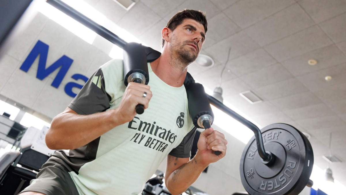 Thibaut Courtois, trabajando en el gimnasio de Valdebebas durante esta pretemporada.