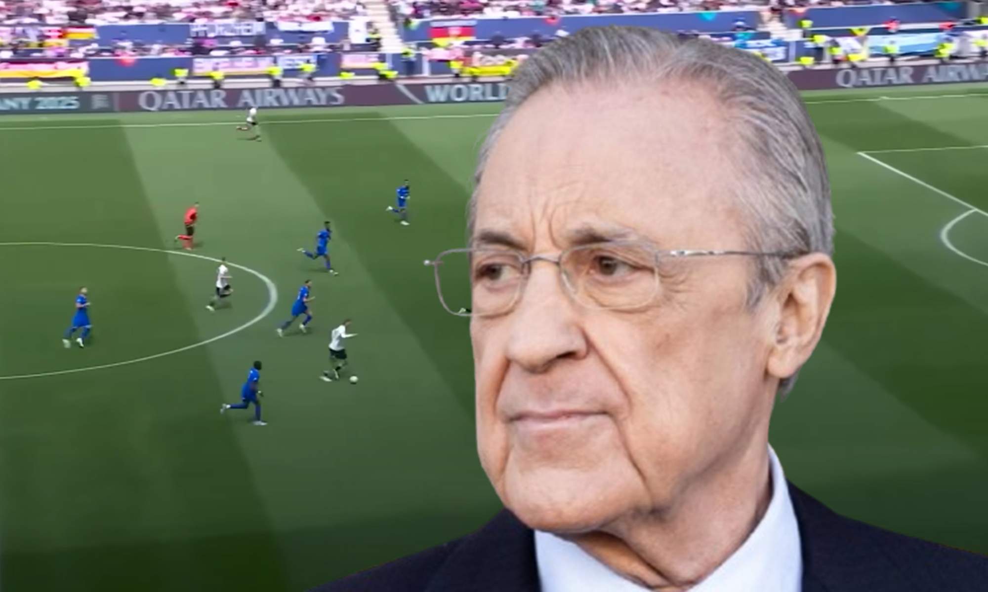 Florentino Pérez y una captura de un partido entre Francia y Alemania.