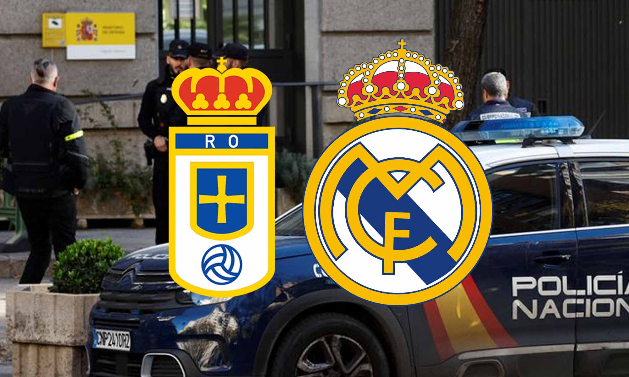Escudo Oviedo Real Madrid con fondo de policía