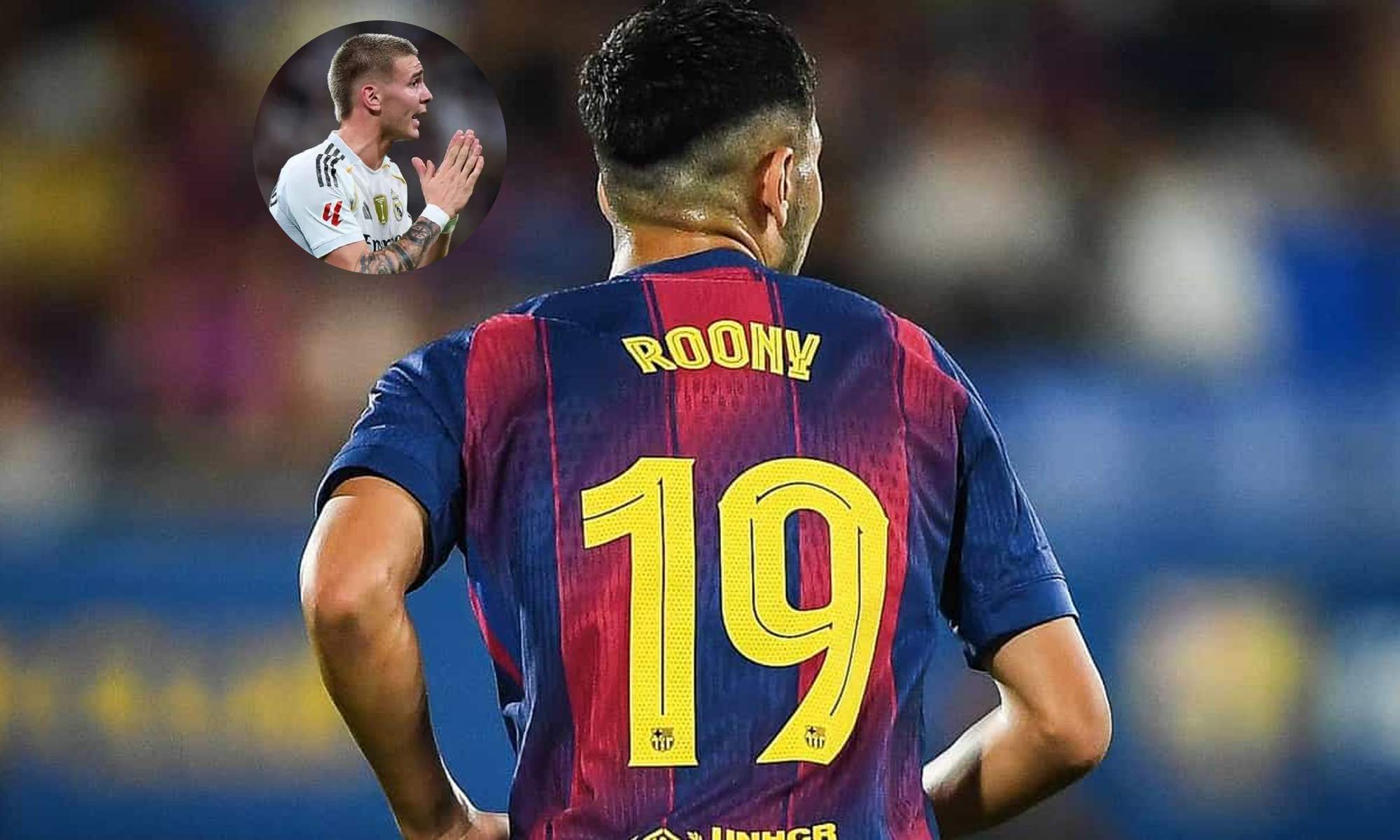 Bardghji jugando un partido con el Barcelona y una foto de Franco Mastantuono. 